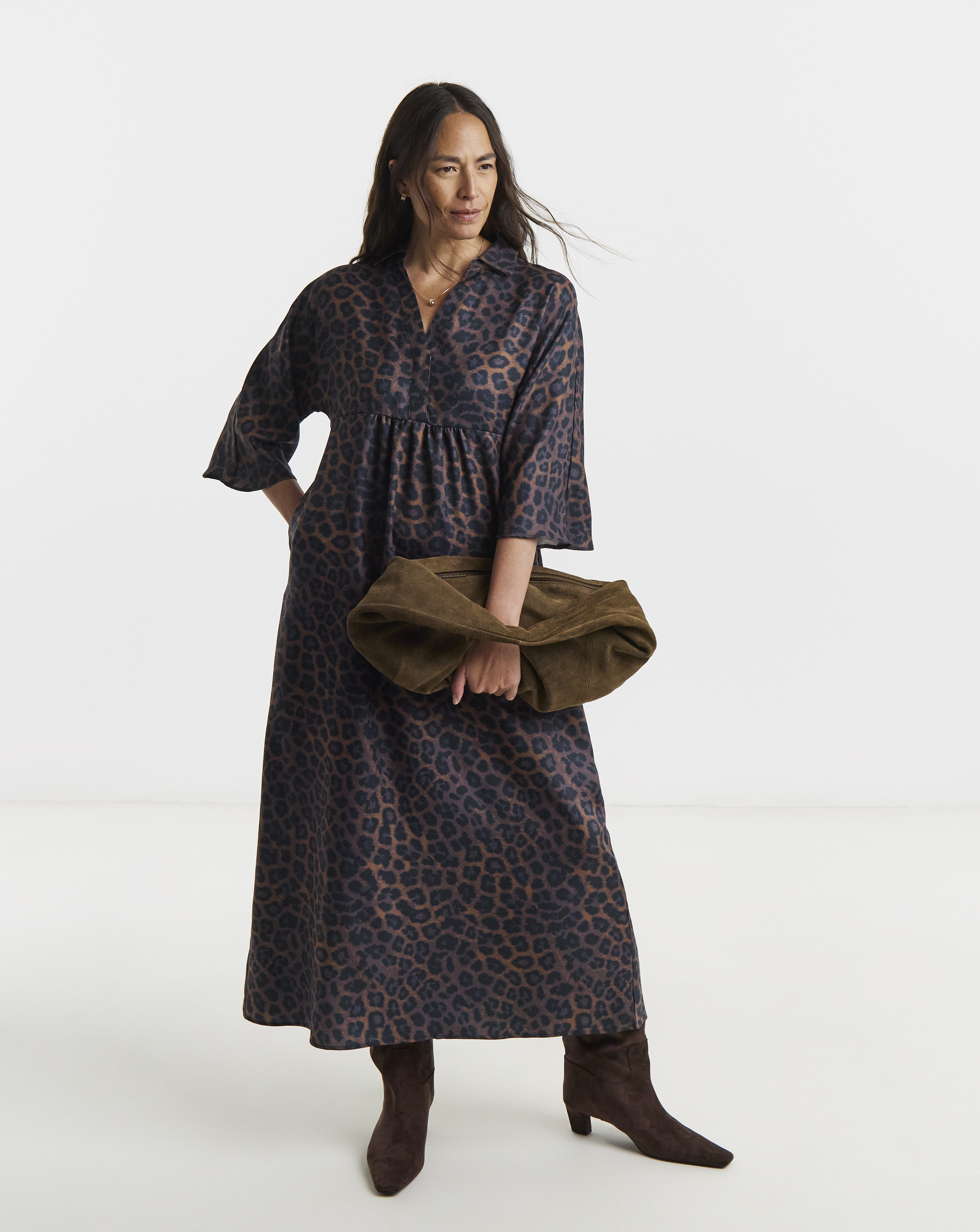 Collarless 3/4 Sleeve Smock Dress