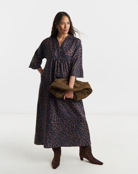 Collarless 3/4 Sleeve Smock Dress