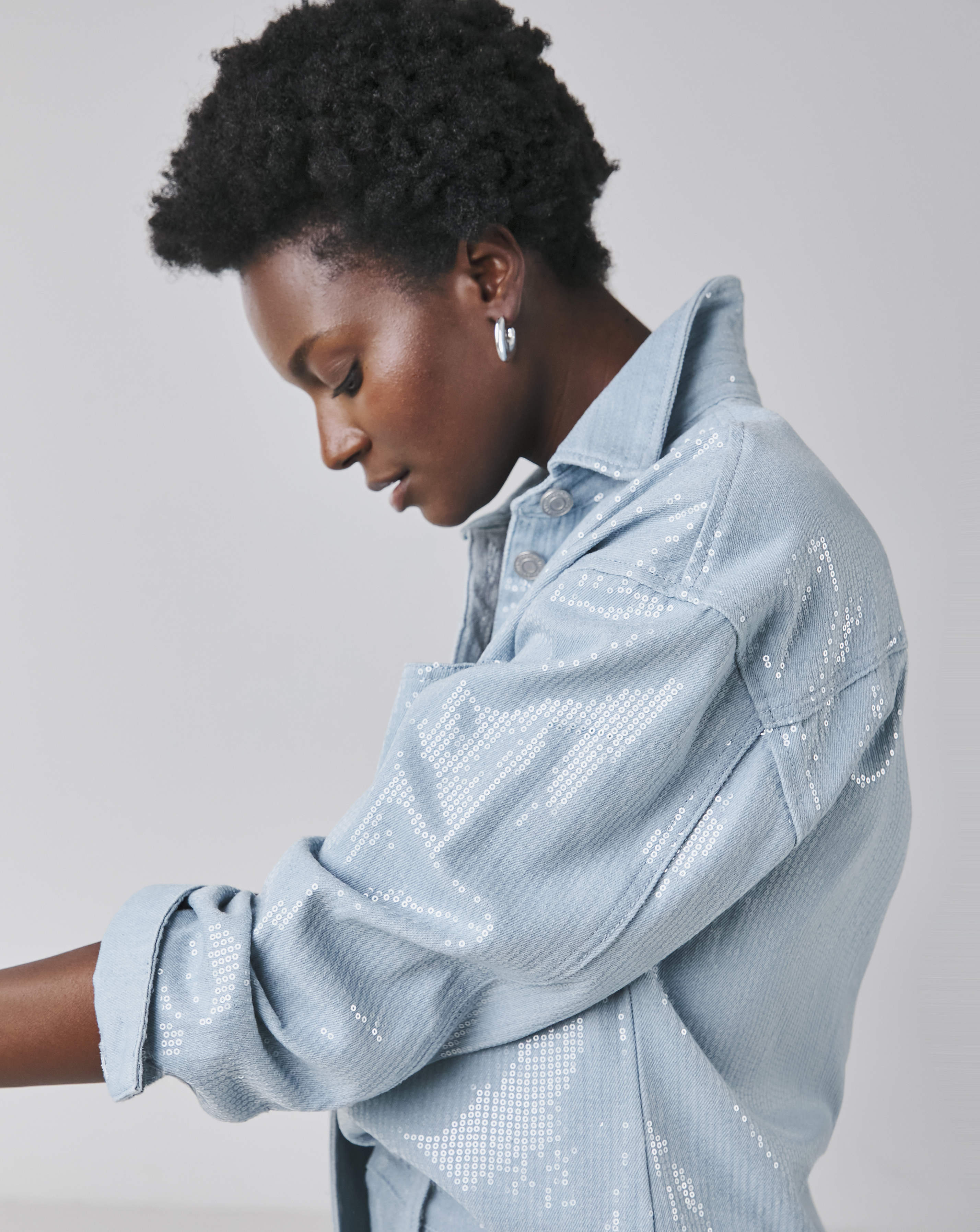 Clear Sequin Oversized Denim Shirt