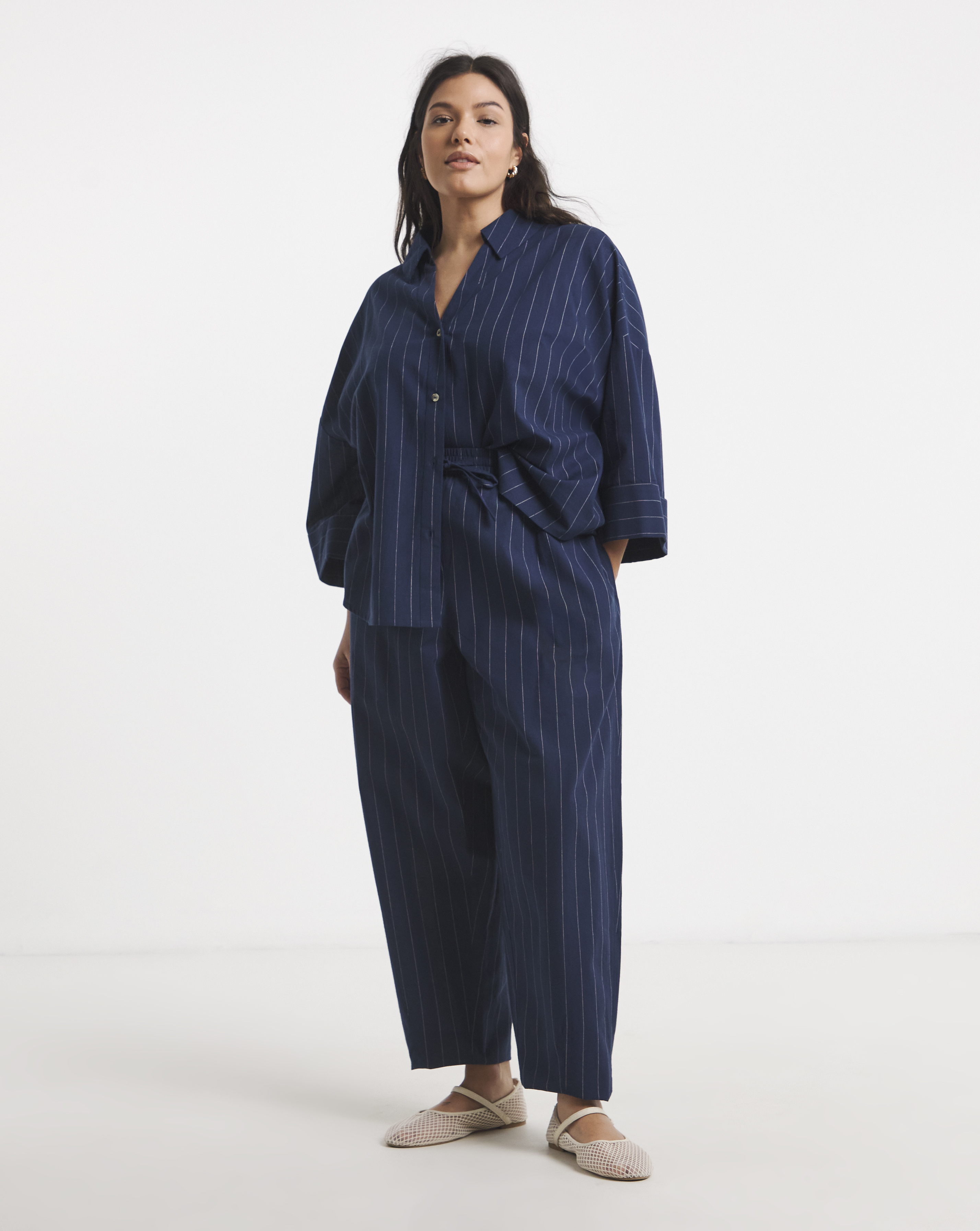 Simply Be Navy Pinstripe Barrel Trouser