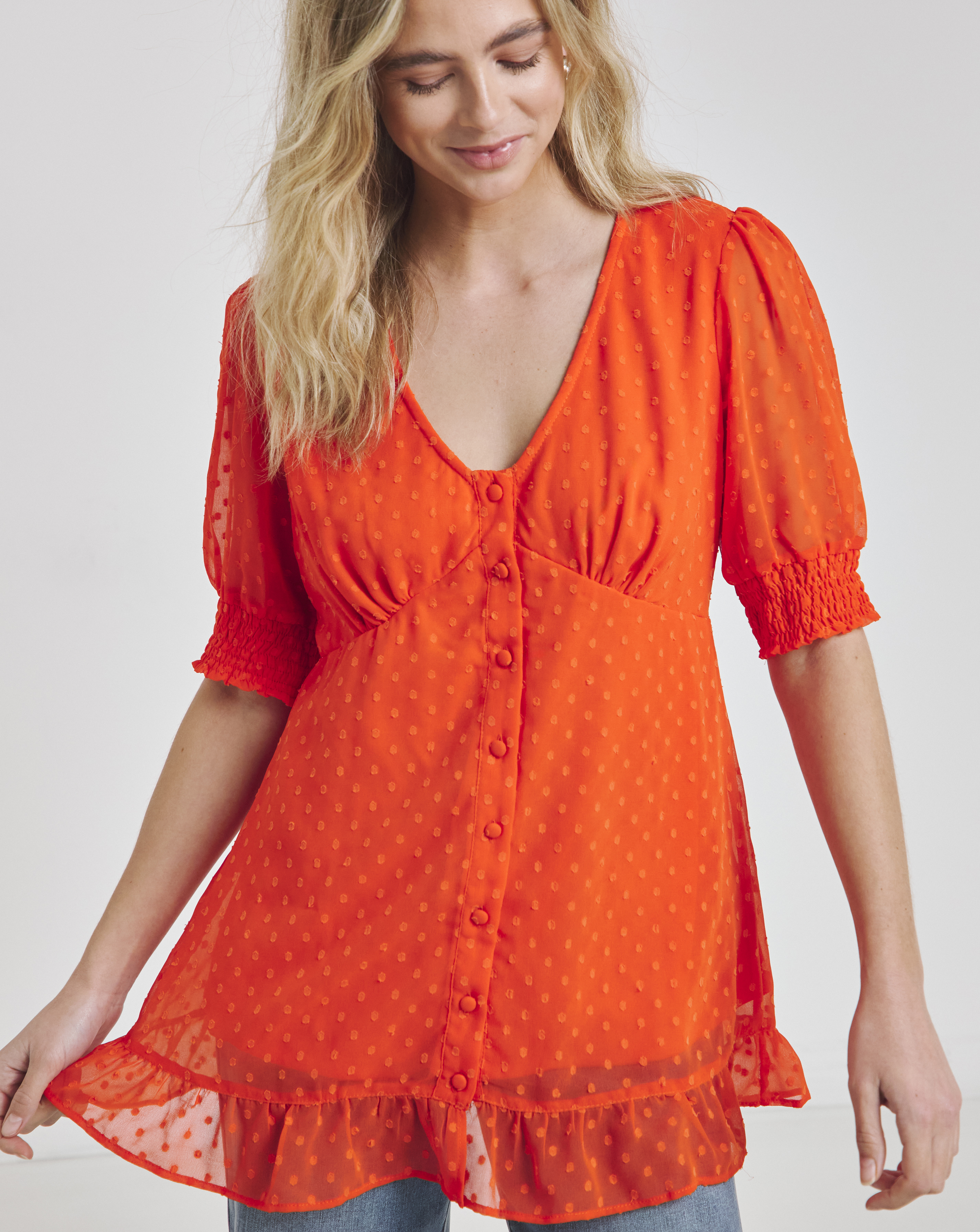 Red Dobby Button Through Blouse