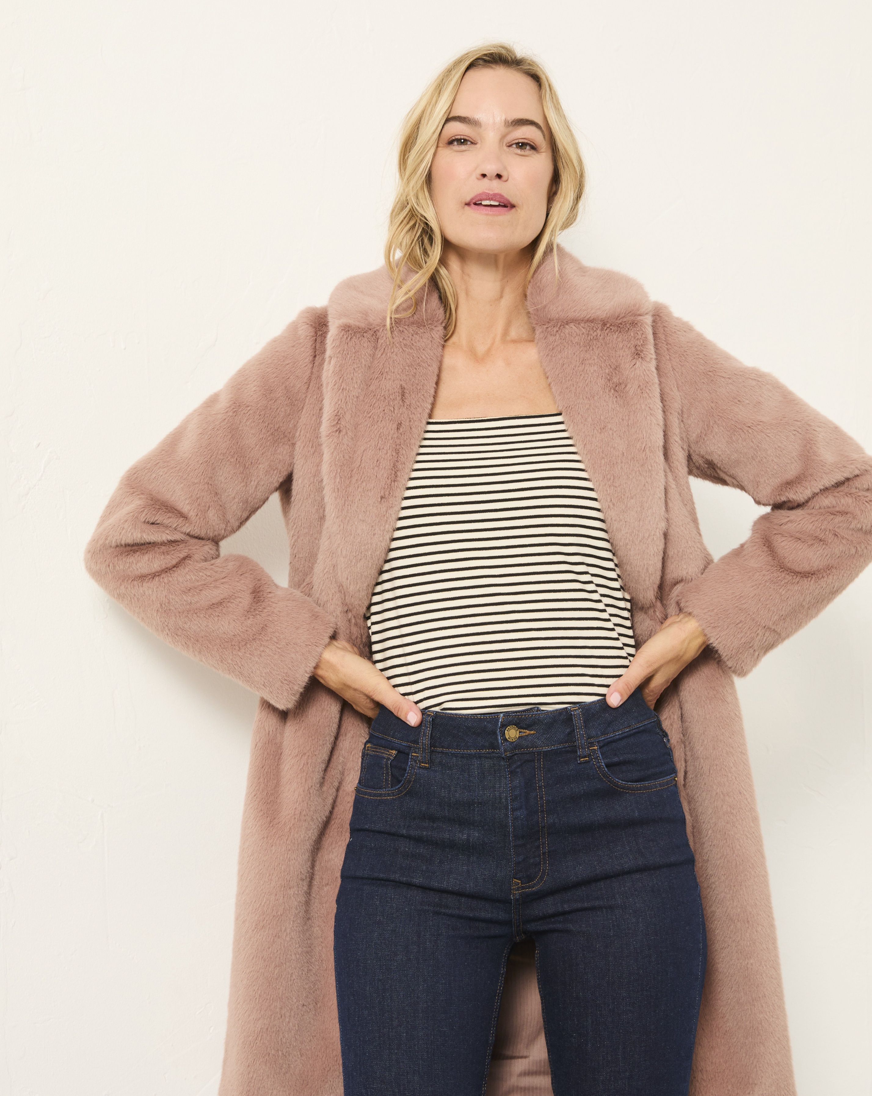 Fatface Dusky Pink Esme Long Fur Coat - Size 16