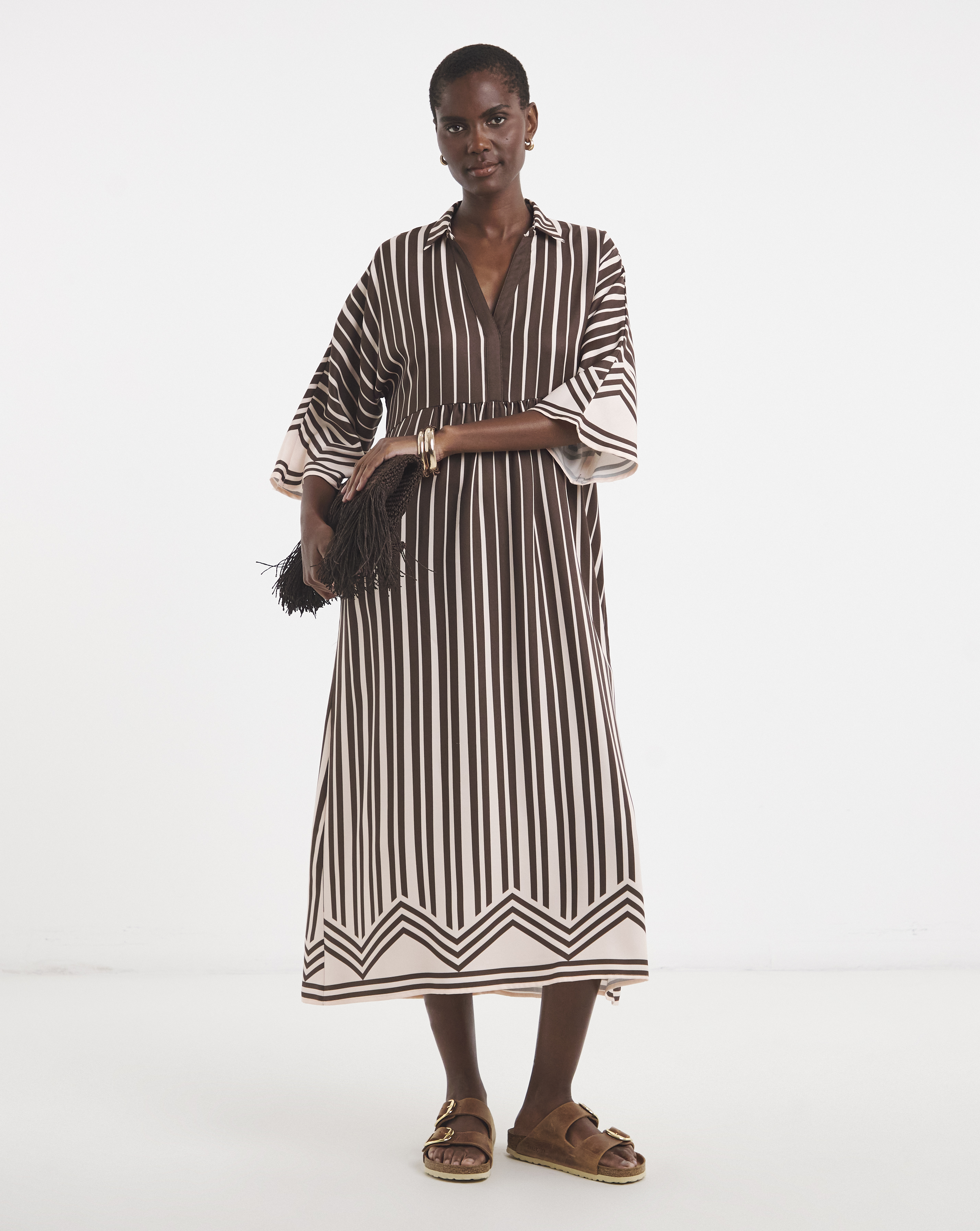 Border Print Placket Detail Smock Dress