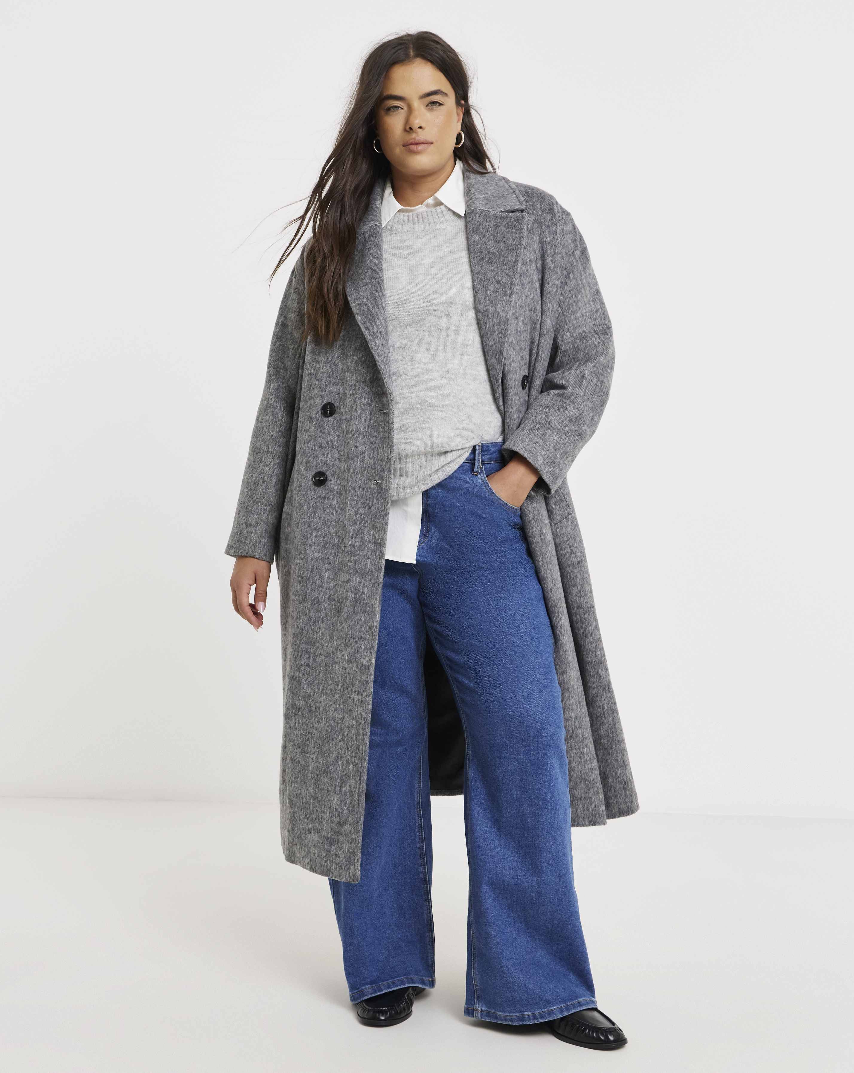 Grey Brushed Faux Wool Midaxi Coat - Image