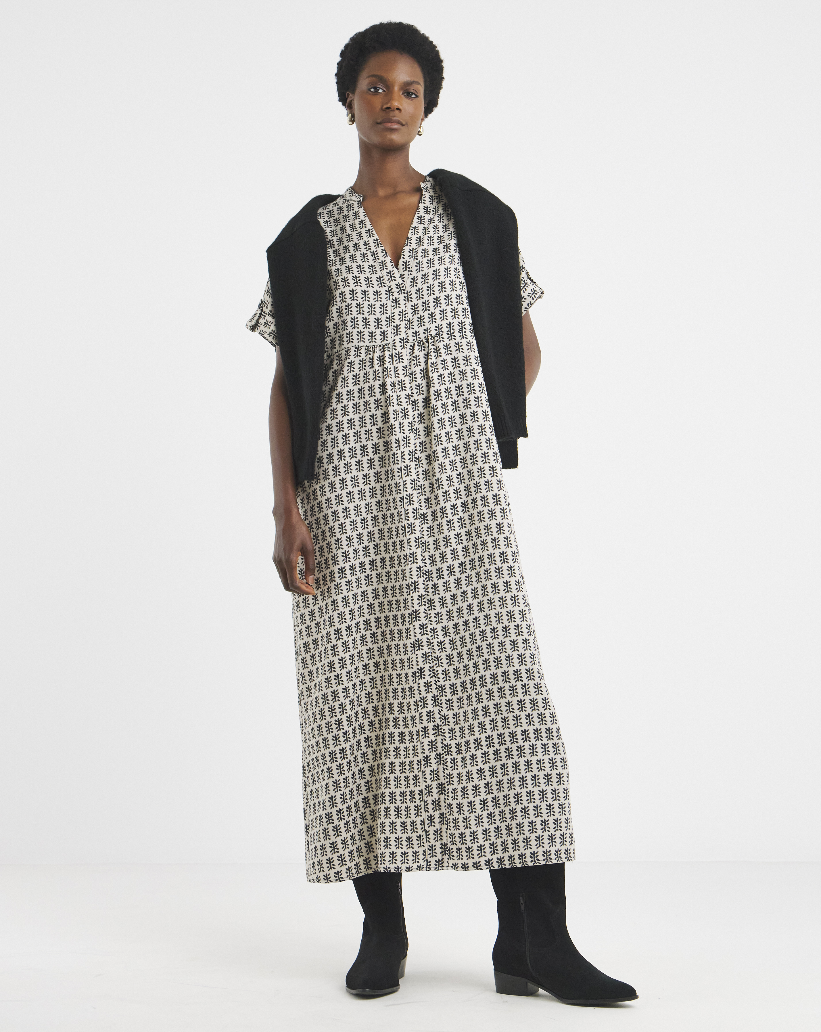 Collarless Placket Smock Dress