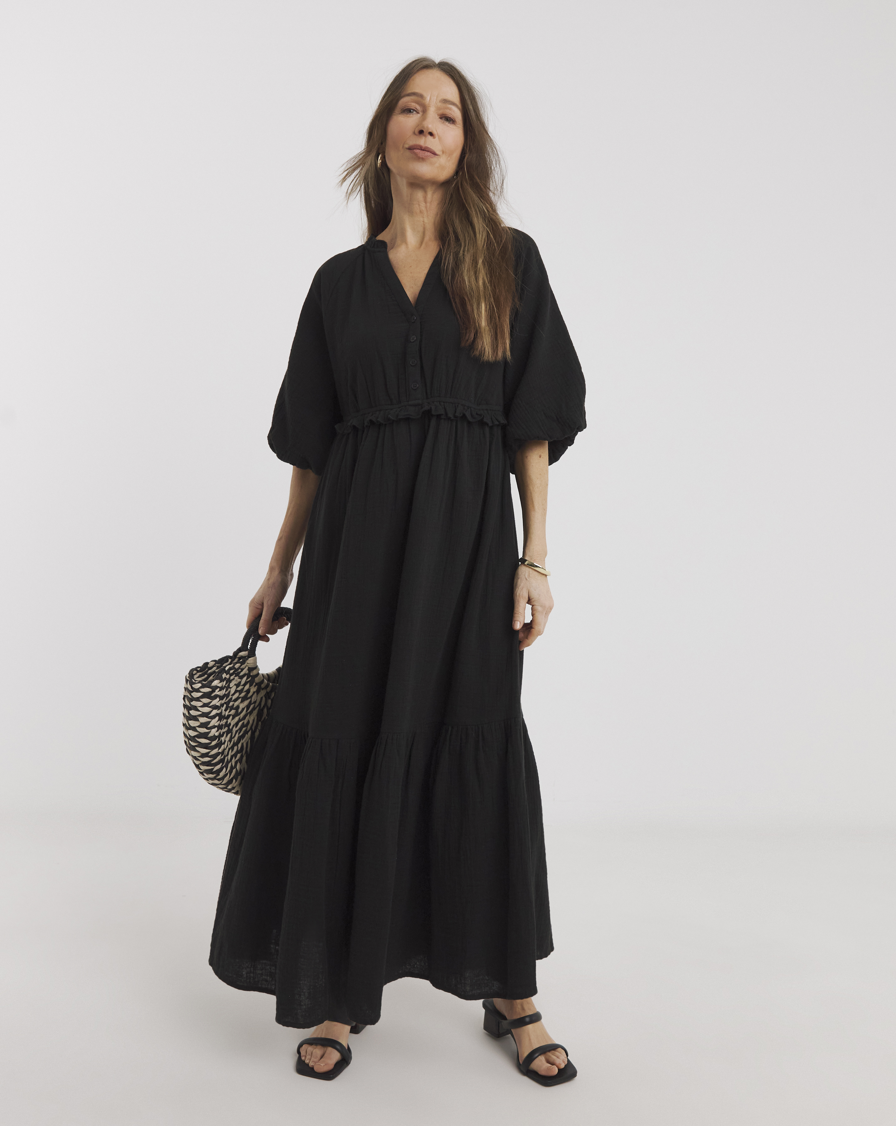 Pure Cotton Textured Bubble Sleeve Dress