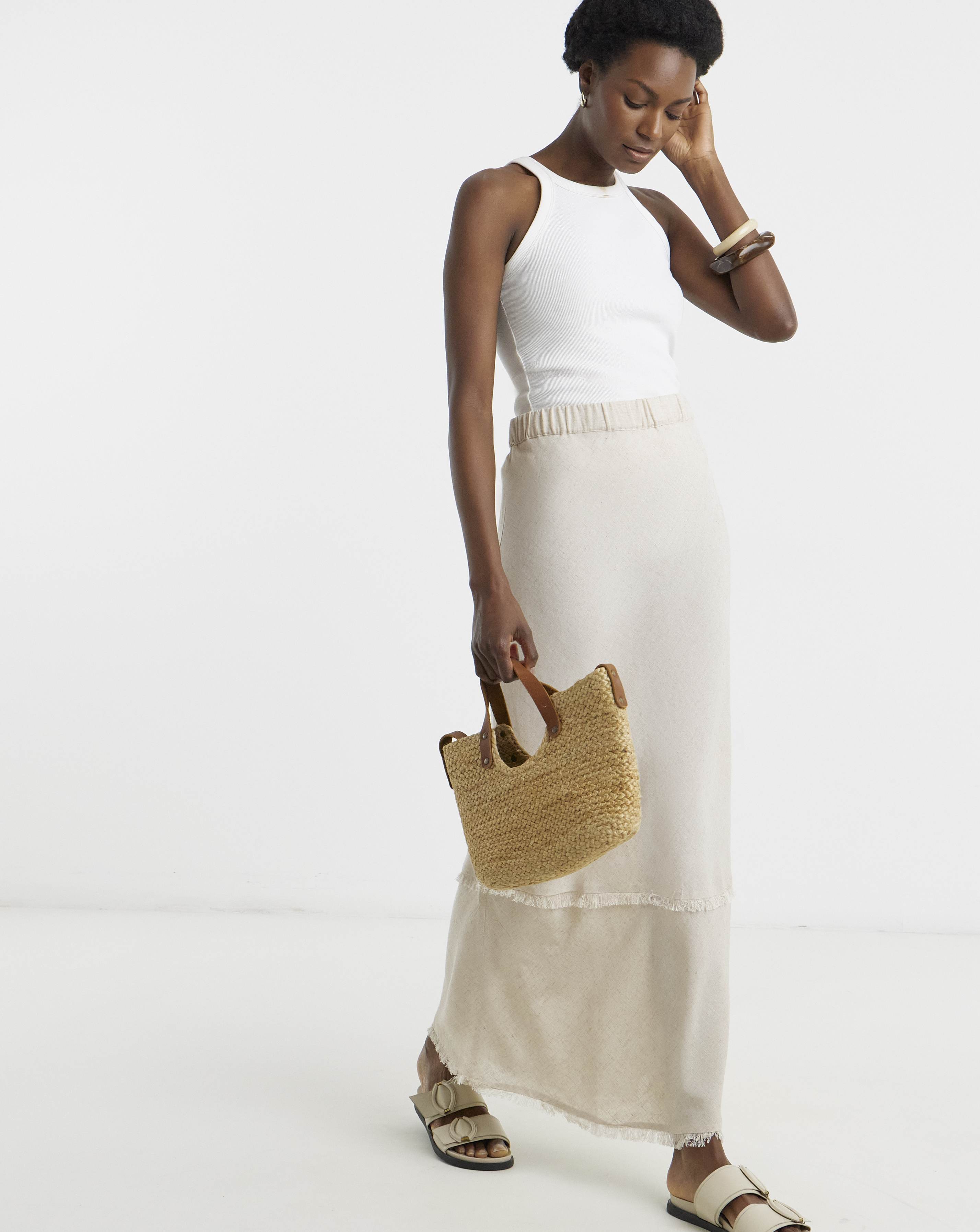 Linen Mix Frayed Hem Skirt