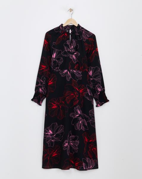 Balloon Sleeve Keyhole Neck Dress