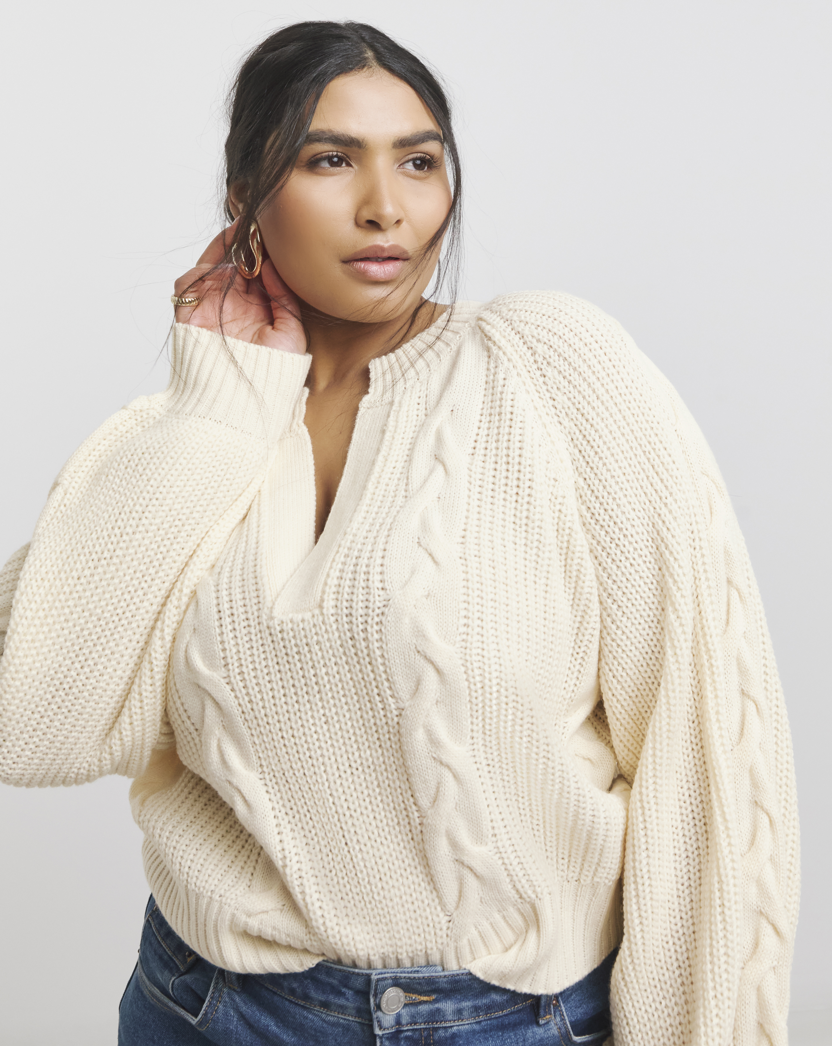 Native Youth Cream Blouson V Neck Cable Knit - 6XL