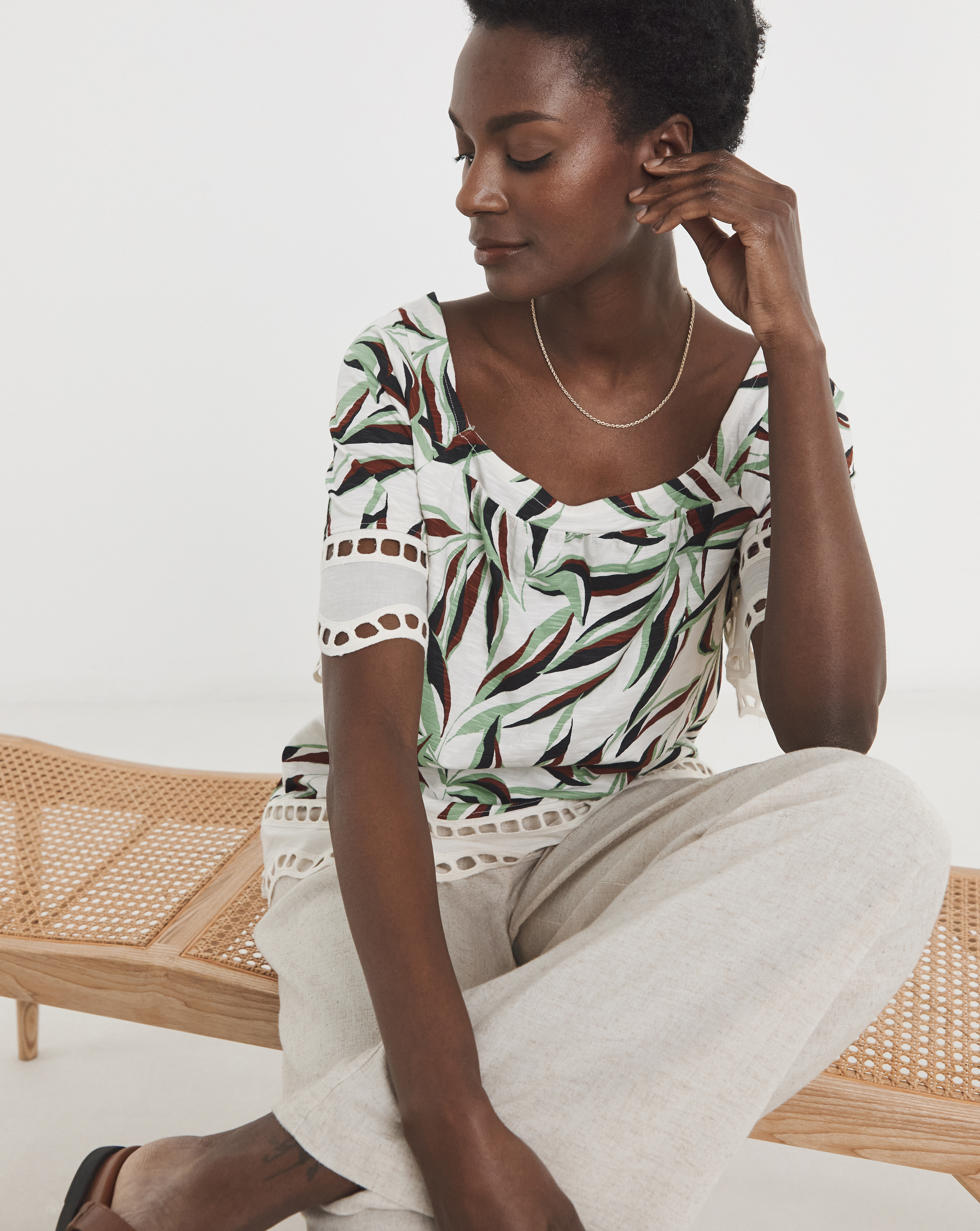 Square Neck Broderie Sleeve and Hem Top
