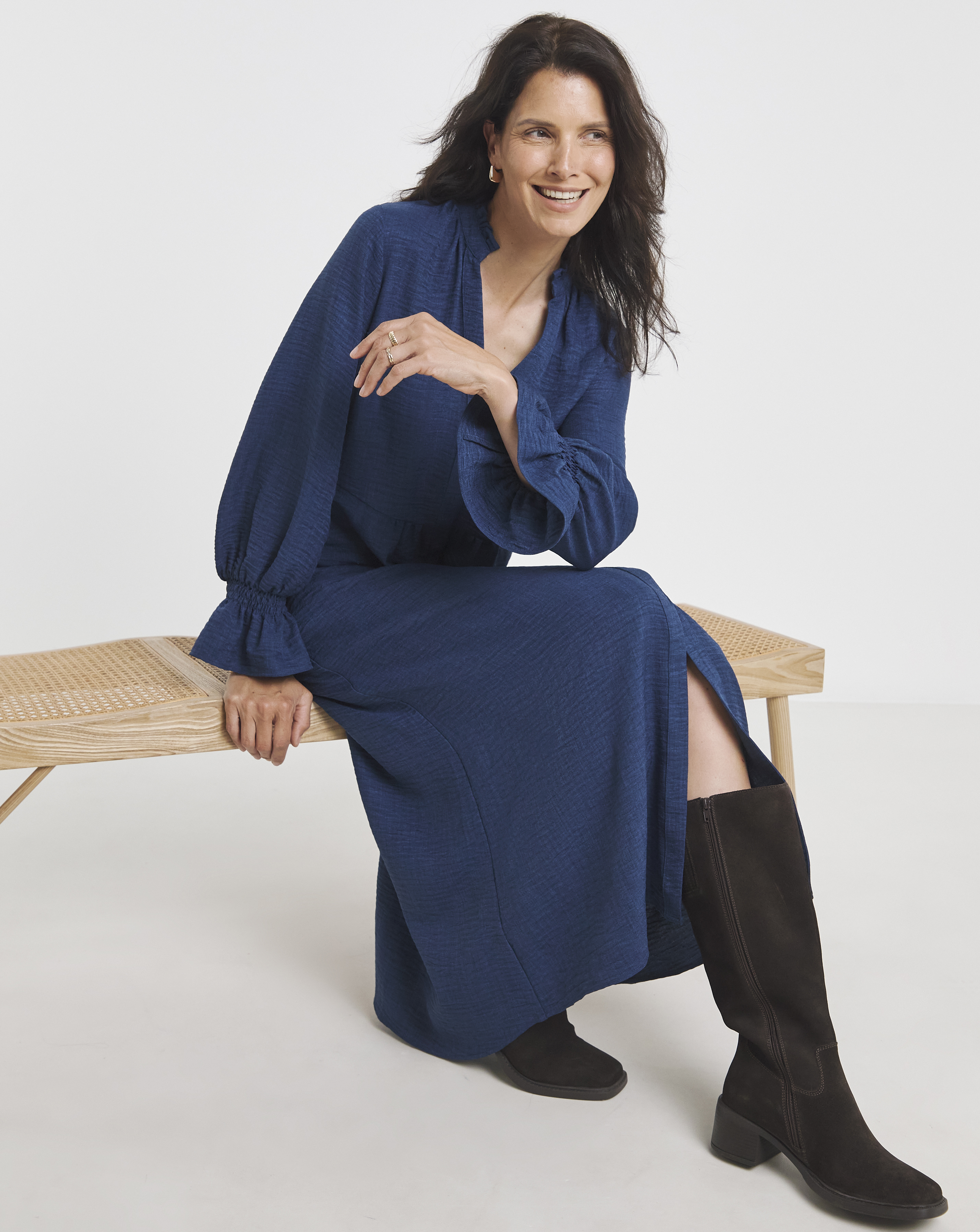 Collarless Flared Sleeve Smock Dress