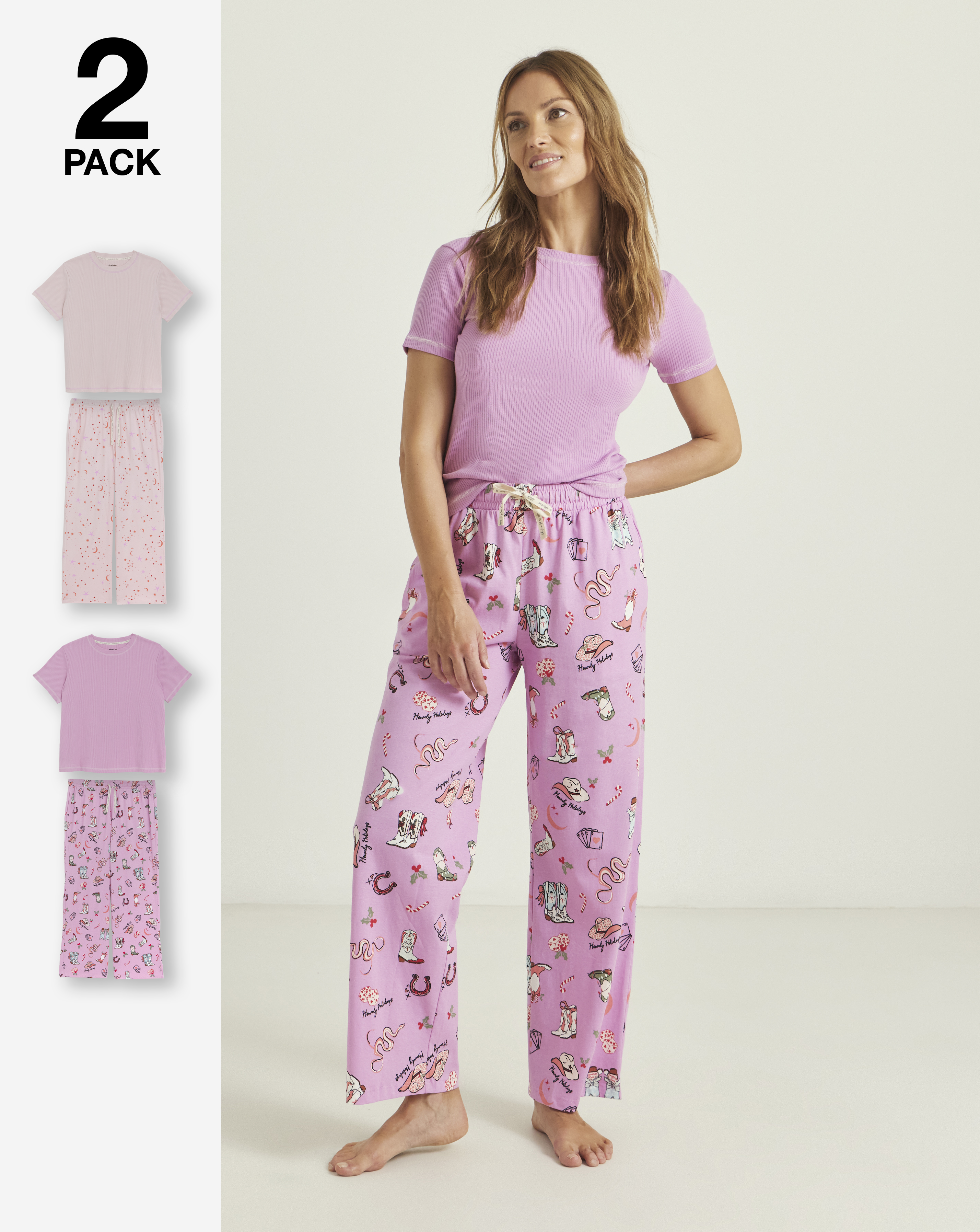 Pink 2 Pack Ribbed Top PJ Sets