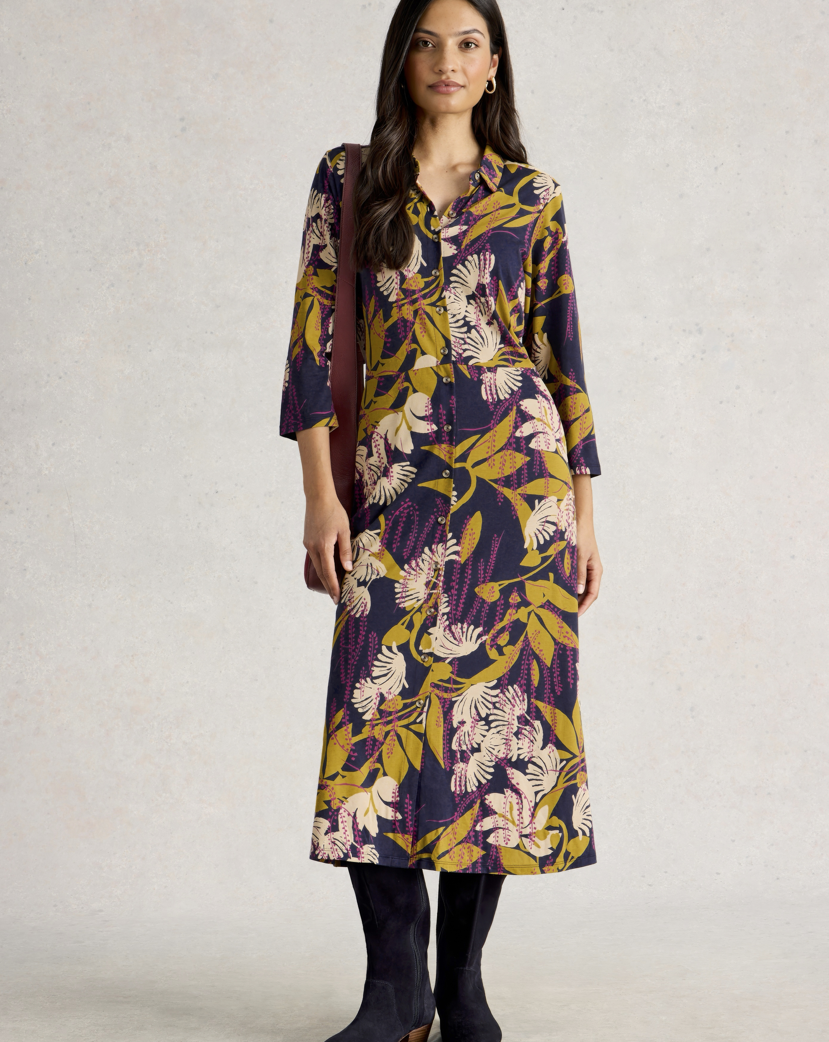 White Stuff Navy Multi Rua Jersey Shirt Dress - Size 8