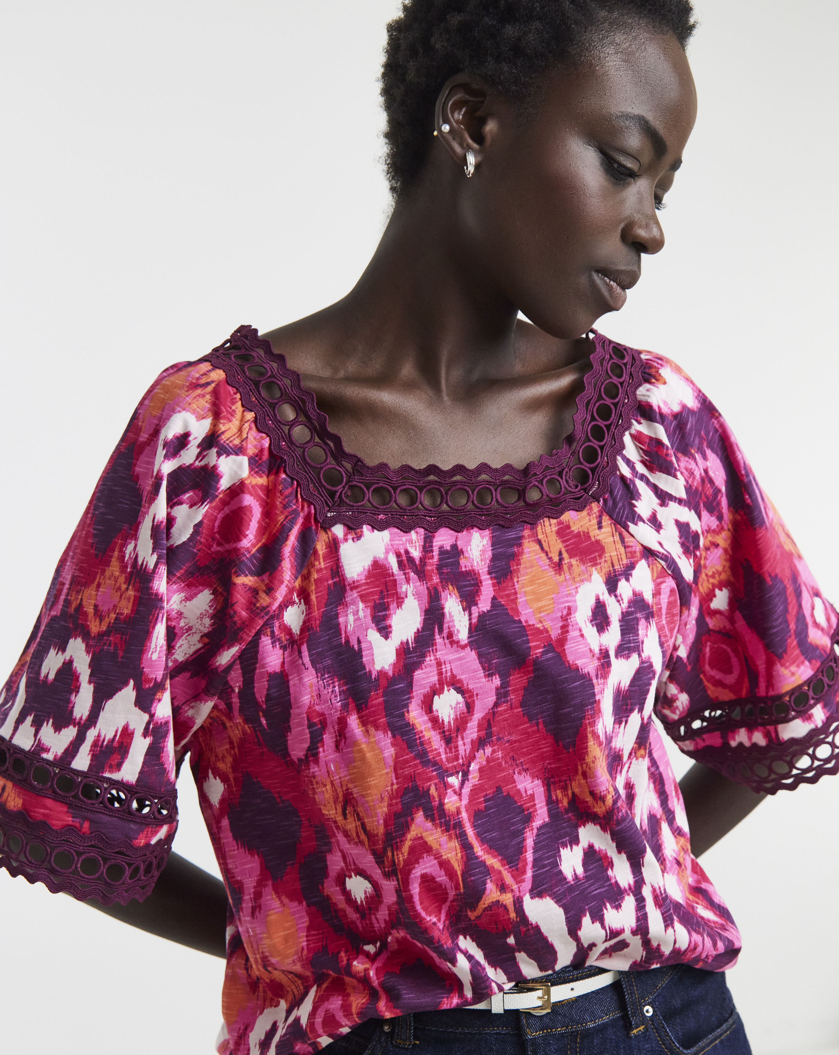 Square Neck Broderie Sleeve Top