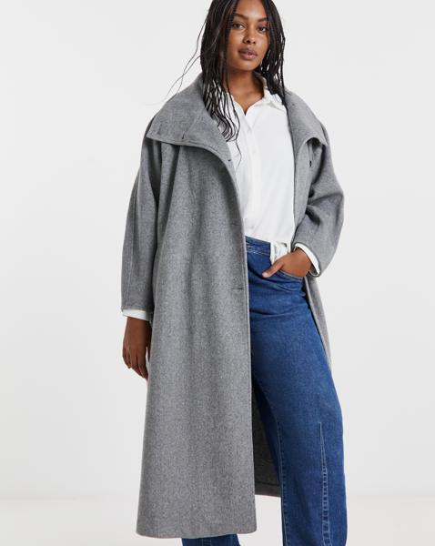Grey Funnel Neck Faux Wool Coat - Image