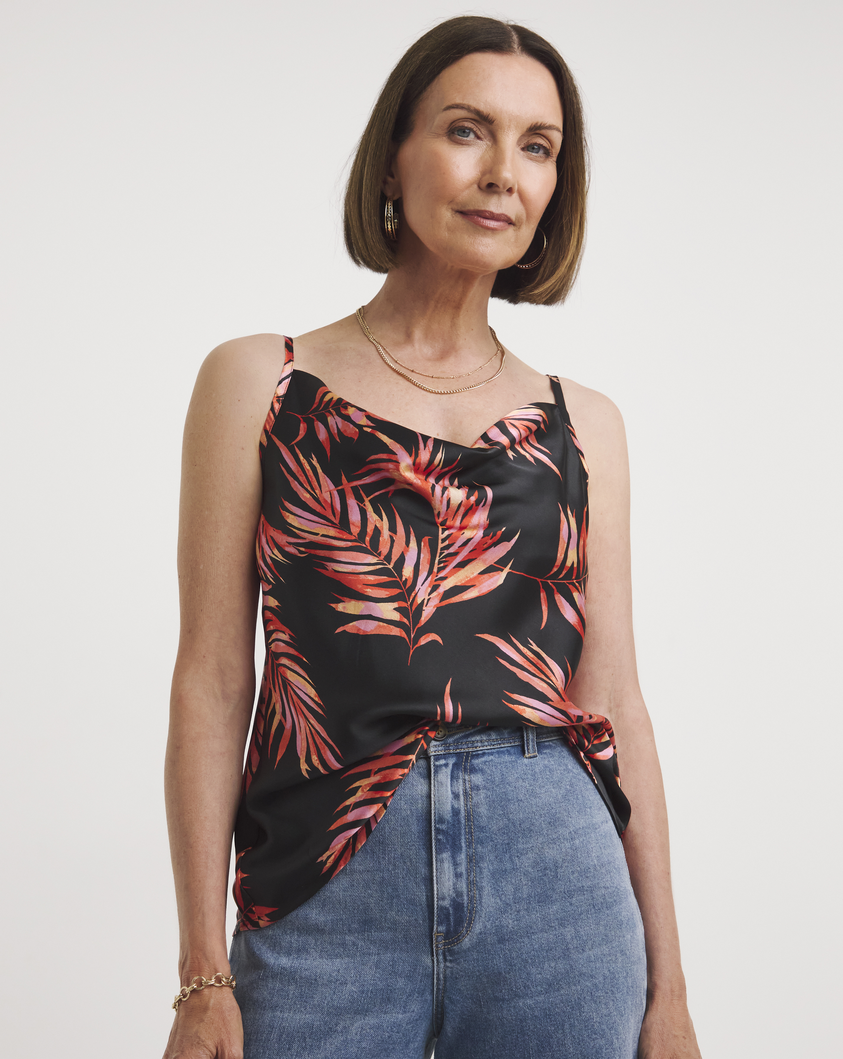 Printed Satin Cowl Neck Cami