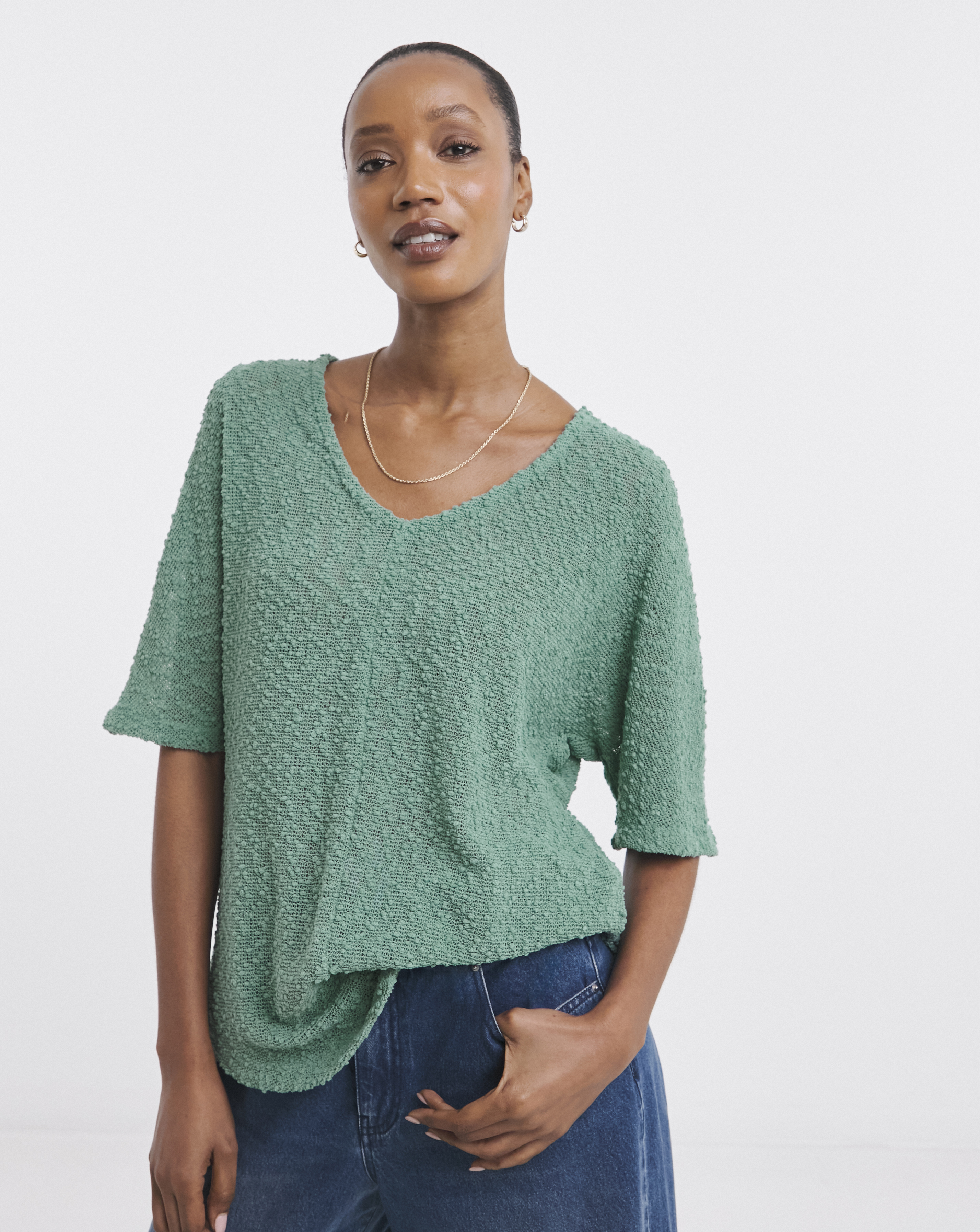 Popcorn Yarn V-neck Short Sleeve Top