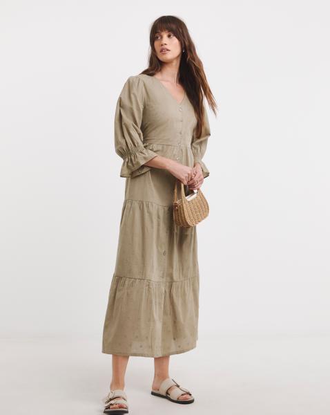 Cotton Dobby Button Through Smock Dress With Puff Sleeves - Image