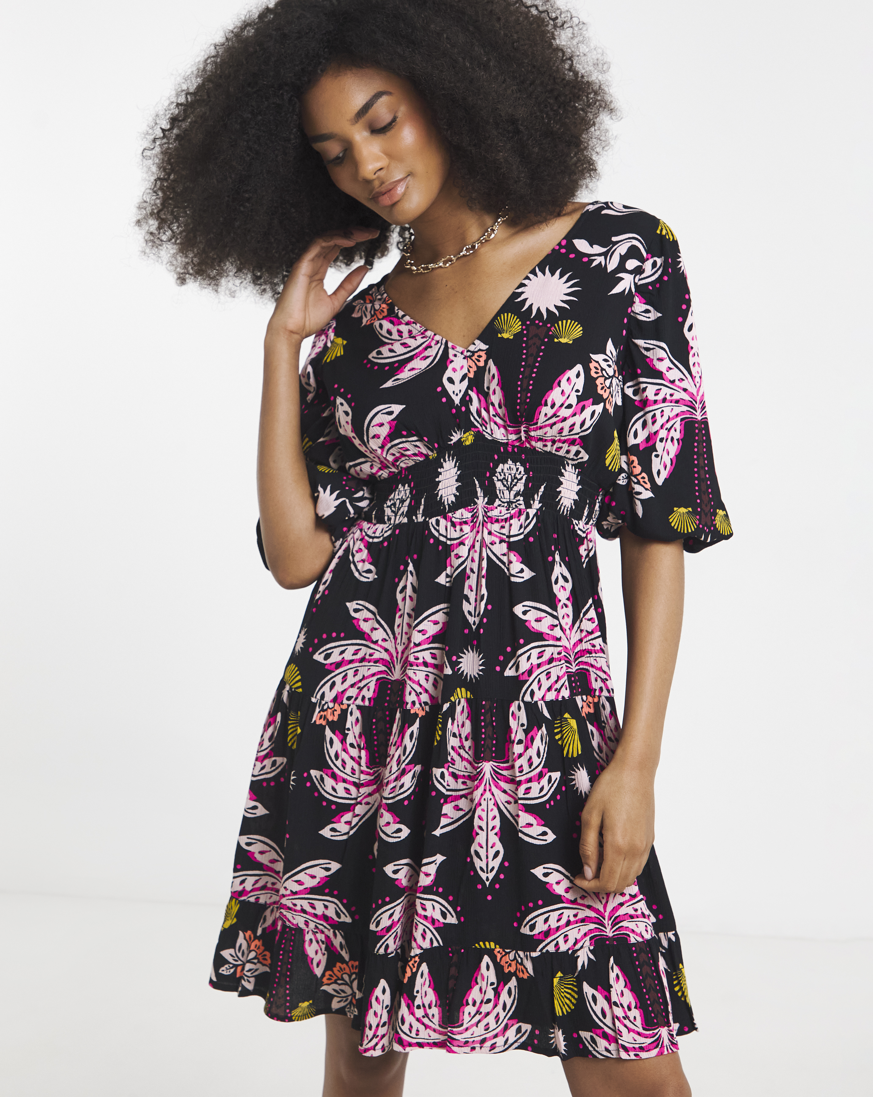 Crinkle Shirred Waist Skater Dress