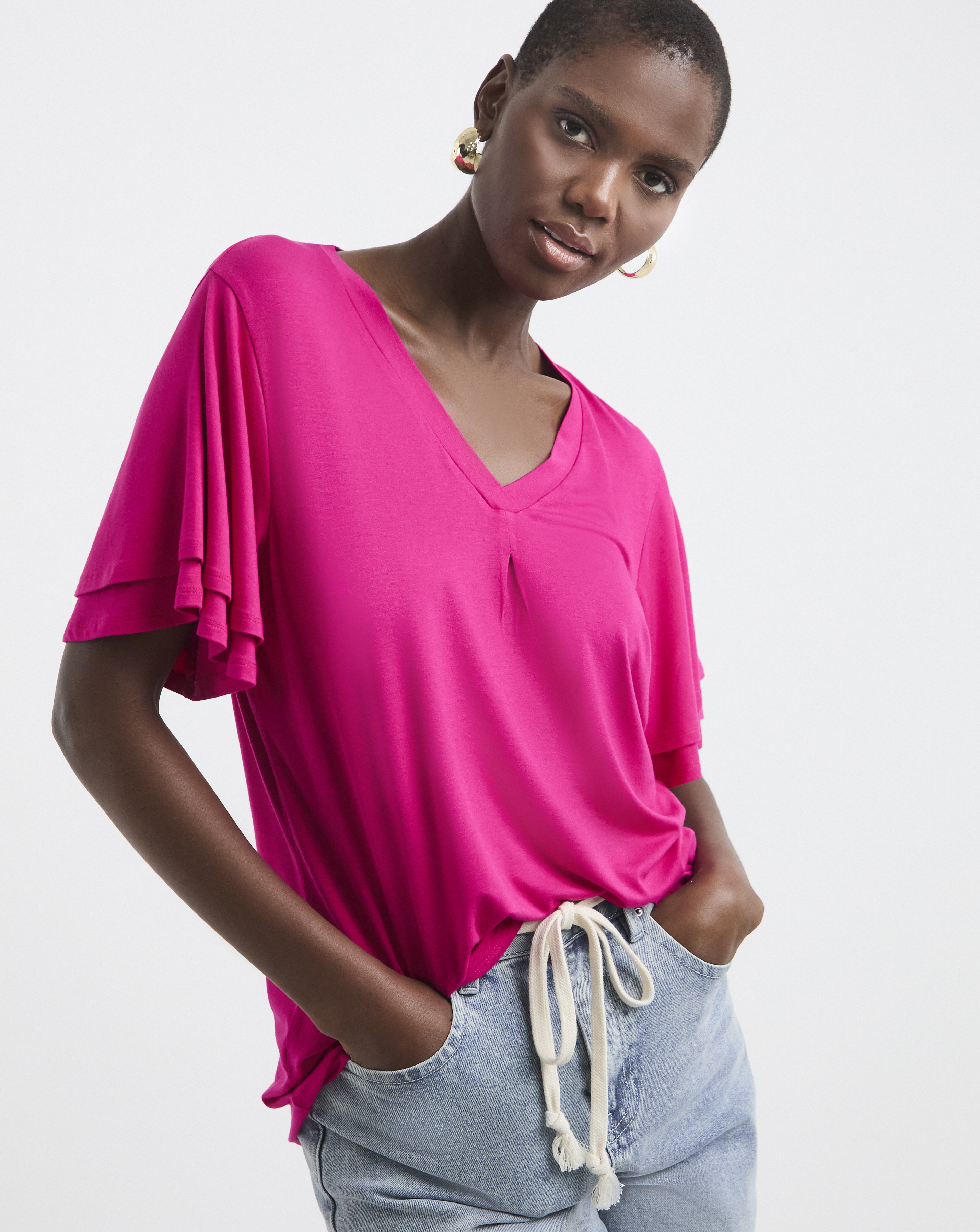 Double Angel Sleeve V-Neck Top