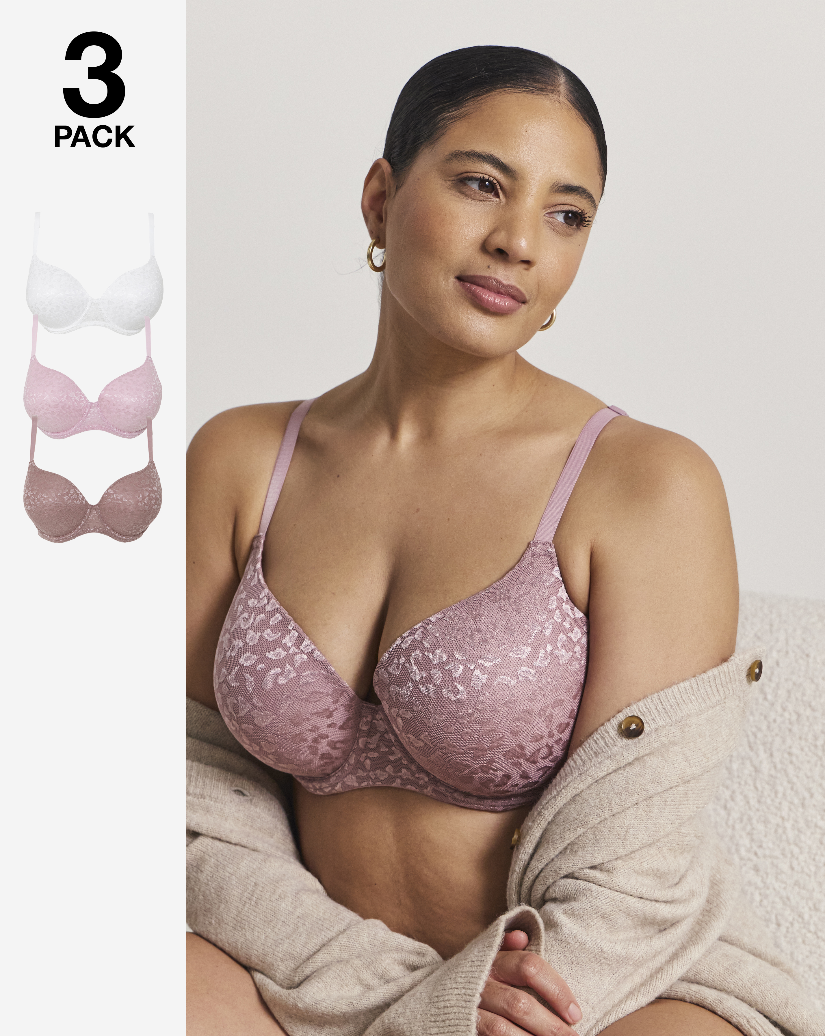 3 Pack Animal Lace T-Shirt Bras