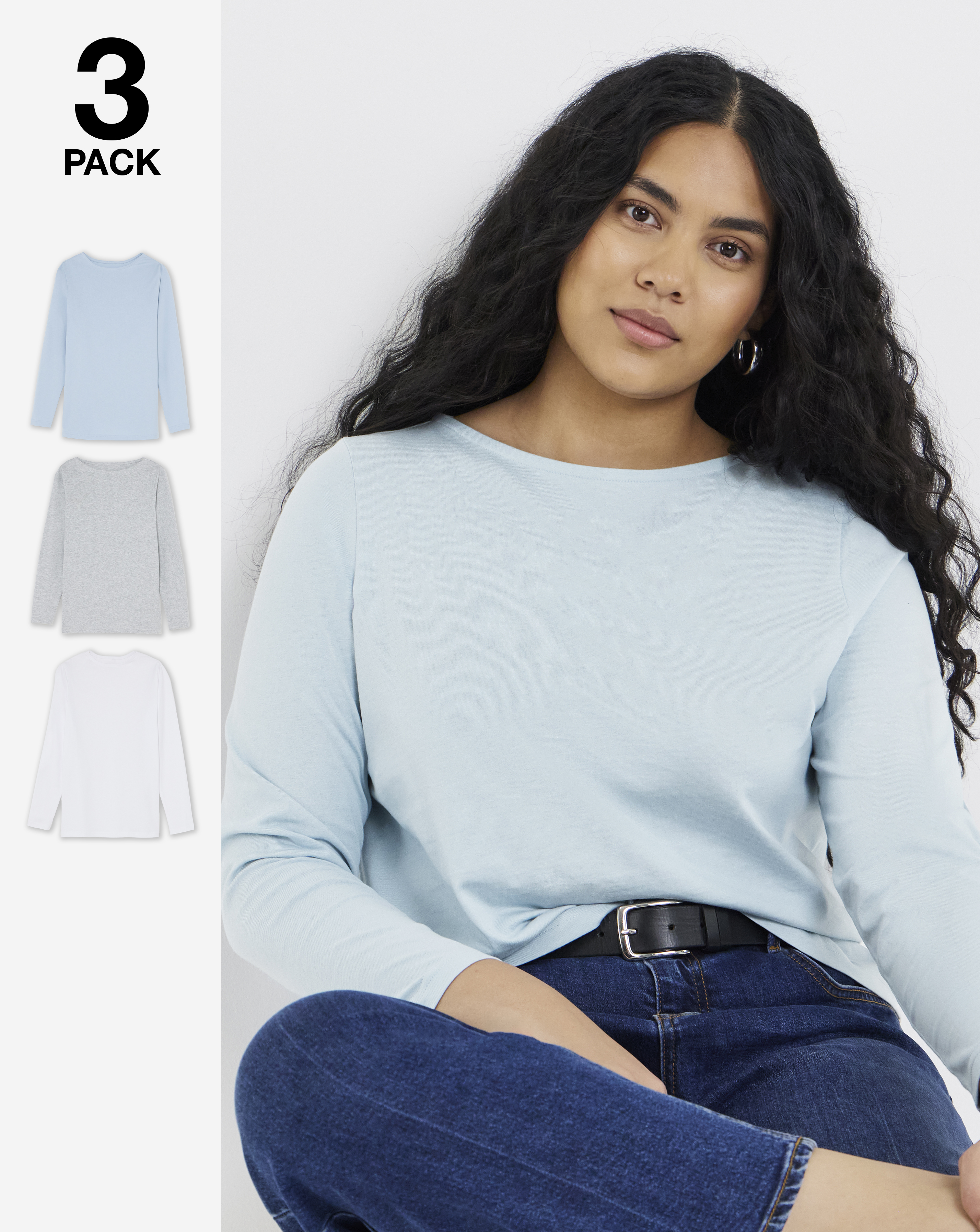 3 Pack Long Sleeve Slash Neck Tops