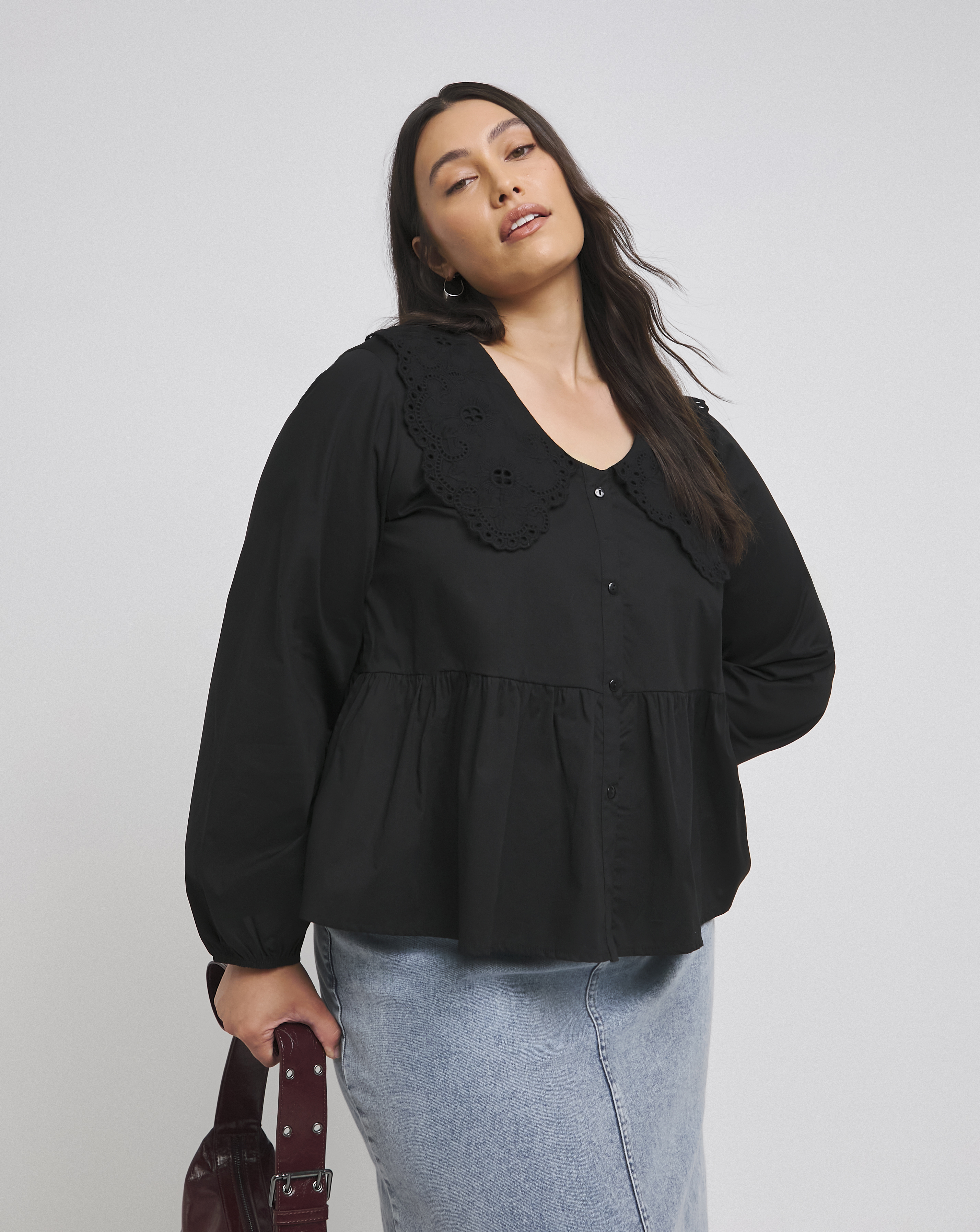 Black Broderie Collared Blouse
