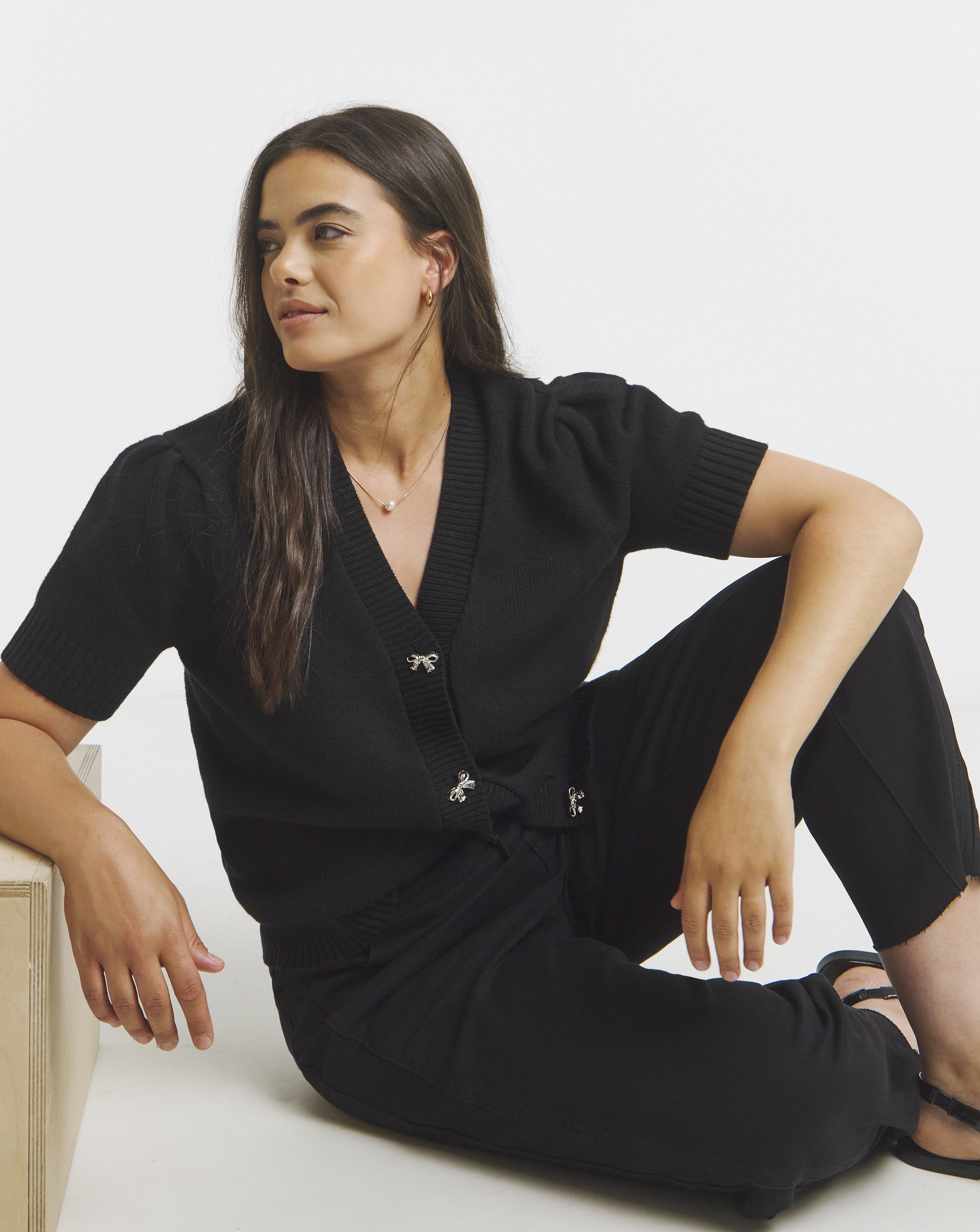 Bow Button Short Sleeve Cardigan