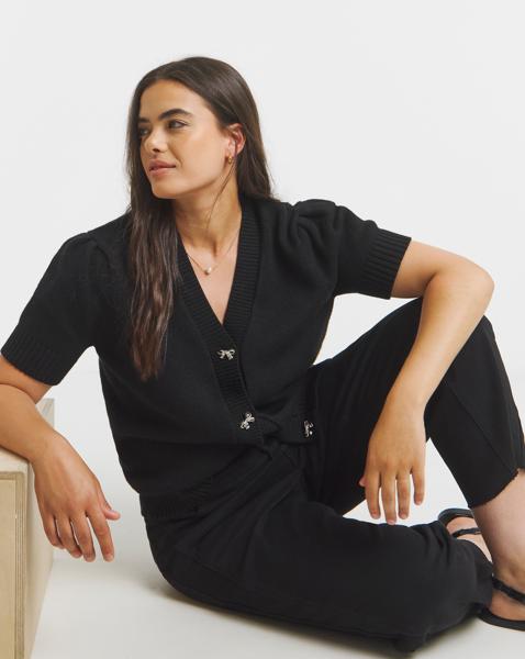 Black Bow Button Short Sleeve Cardigan - Image