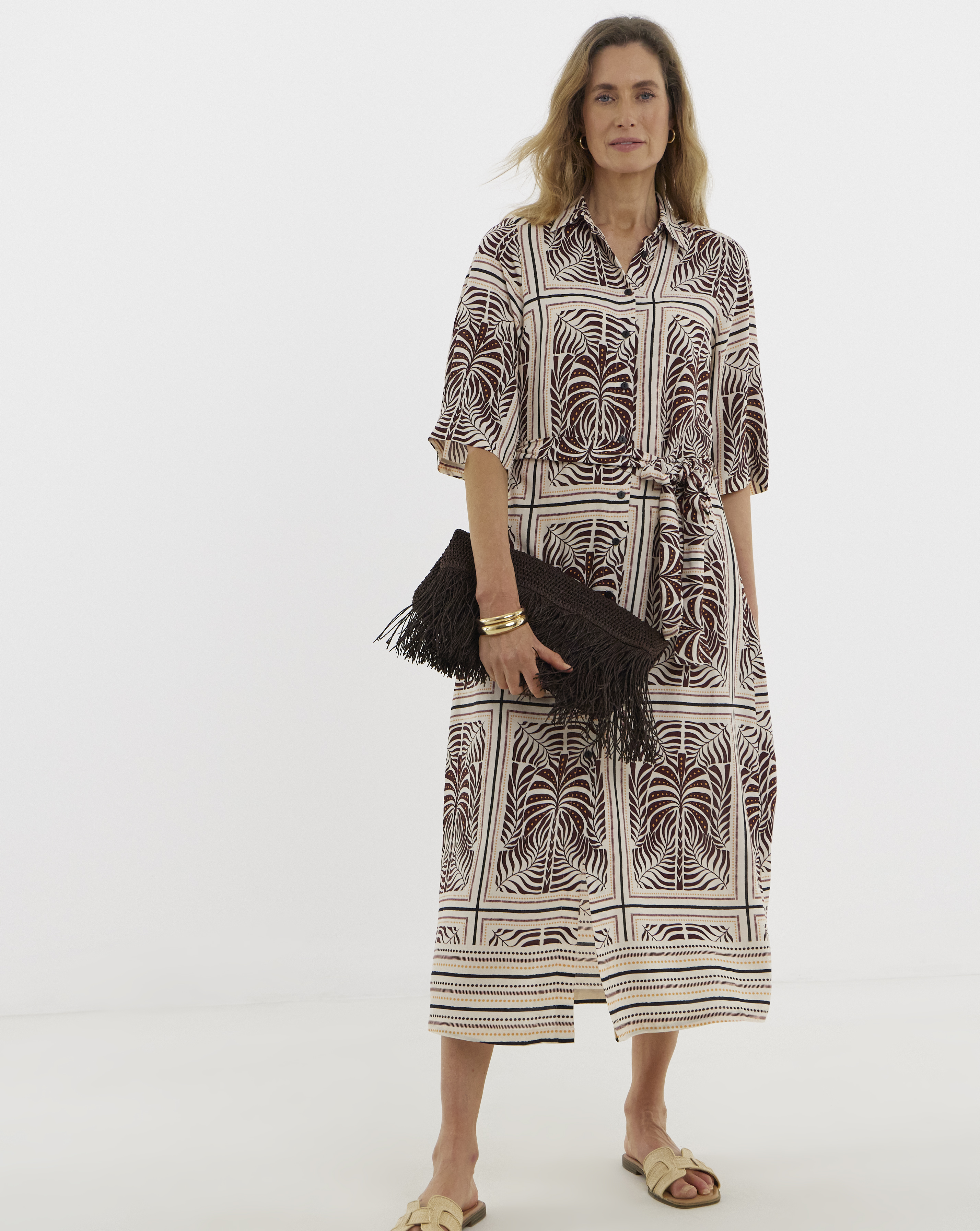 Palm Print Belted Shirt Dress