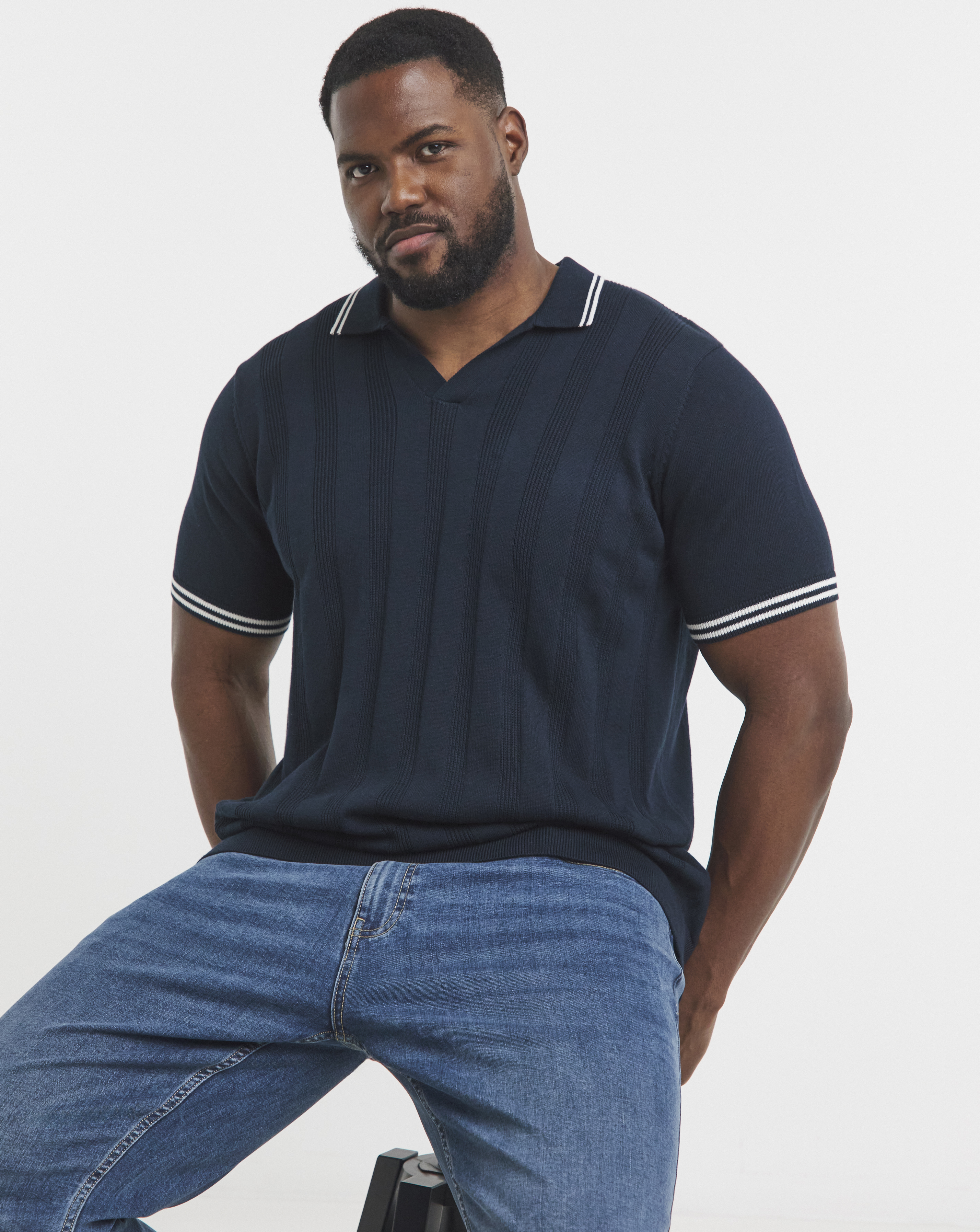 Knitted Navy Open Neck Polo