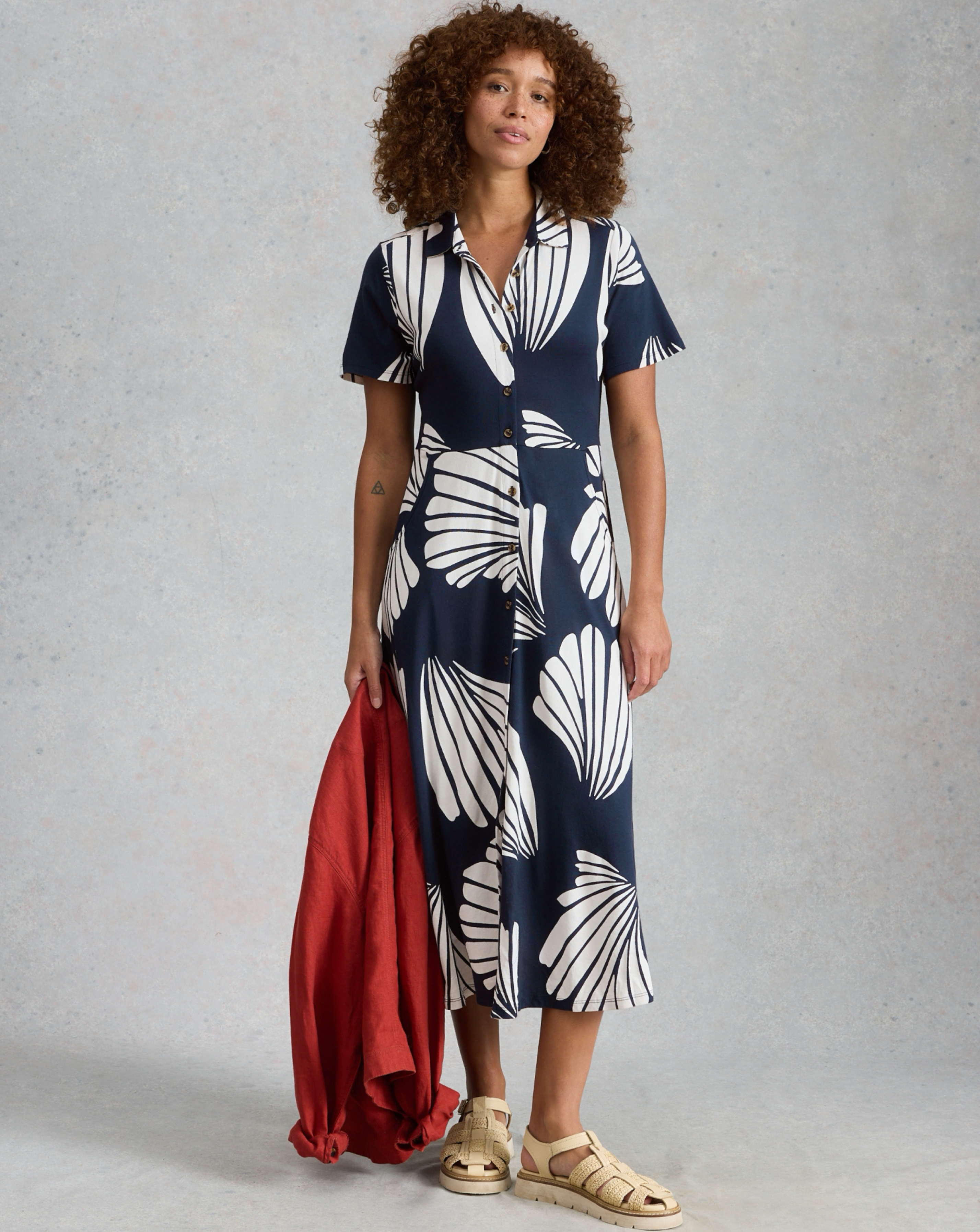 White Stuff Navy Print Rua Jersey Shirt Dress - Size 8