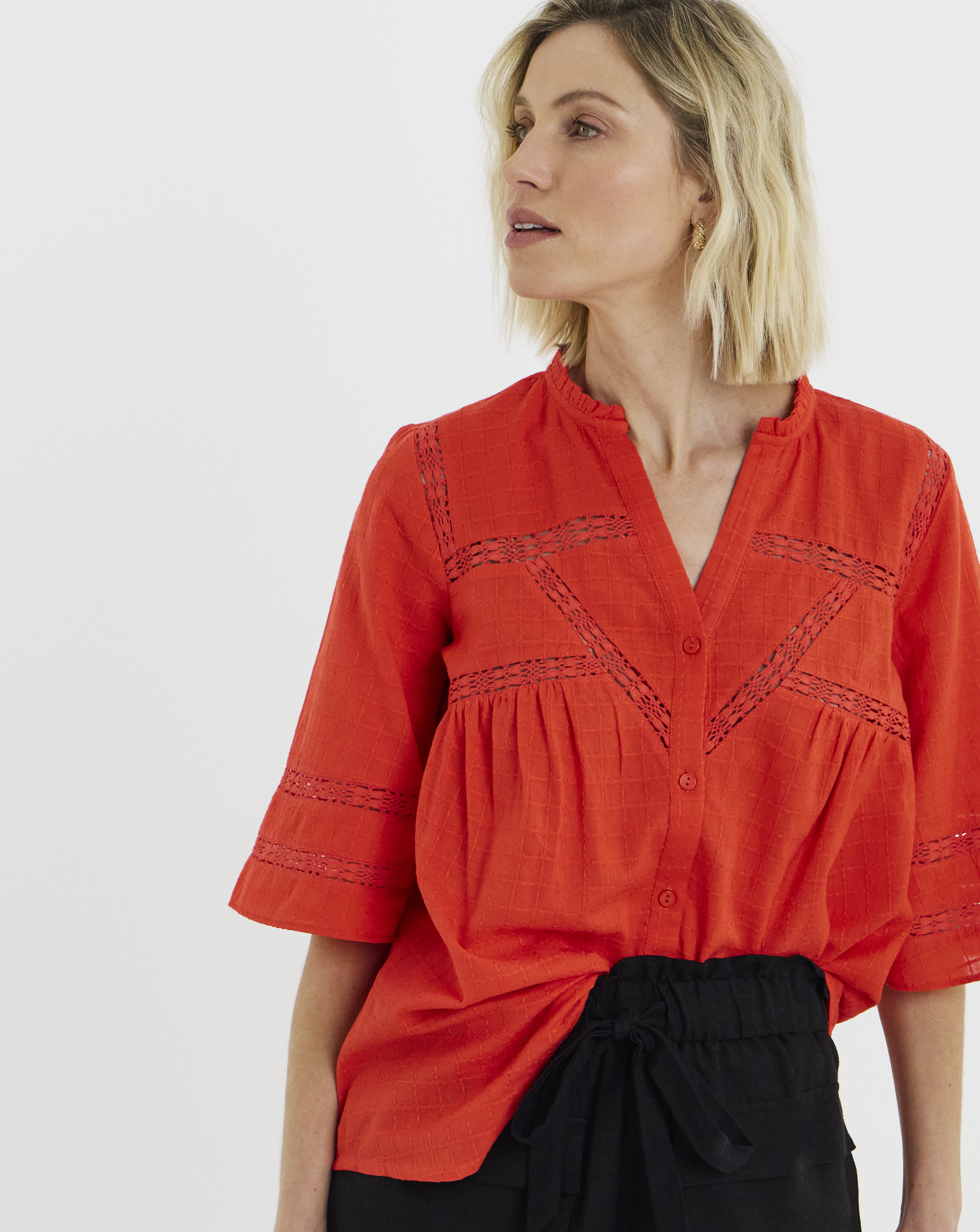 Cotton Dobby Trim Blouse