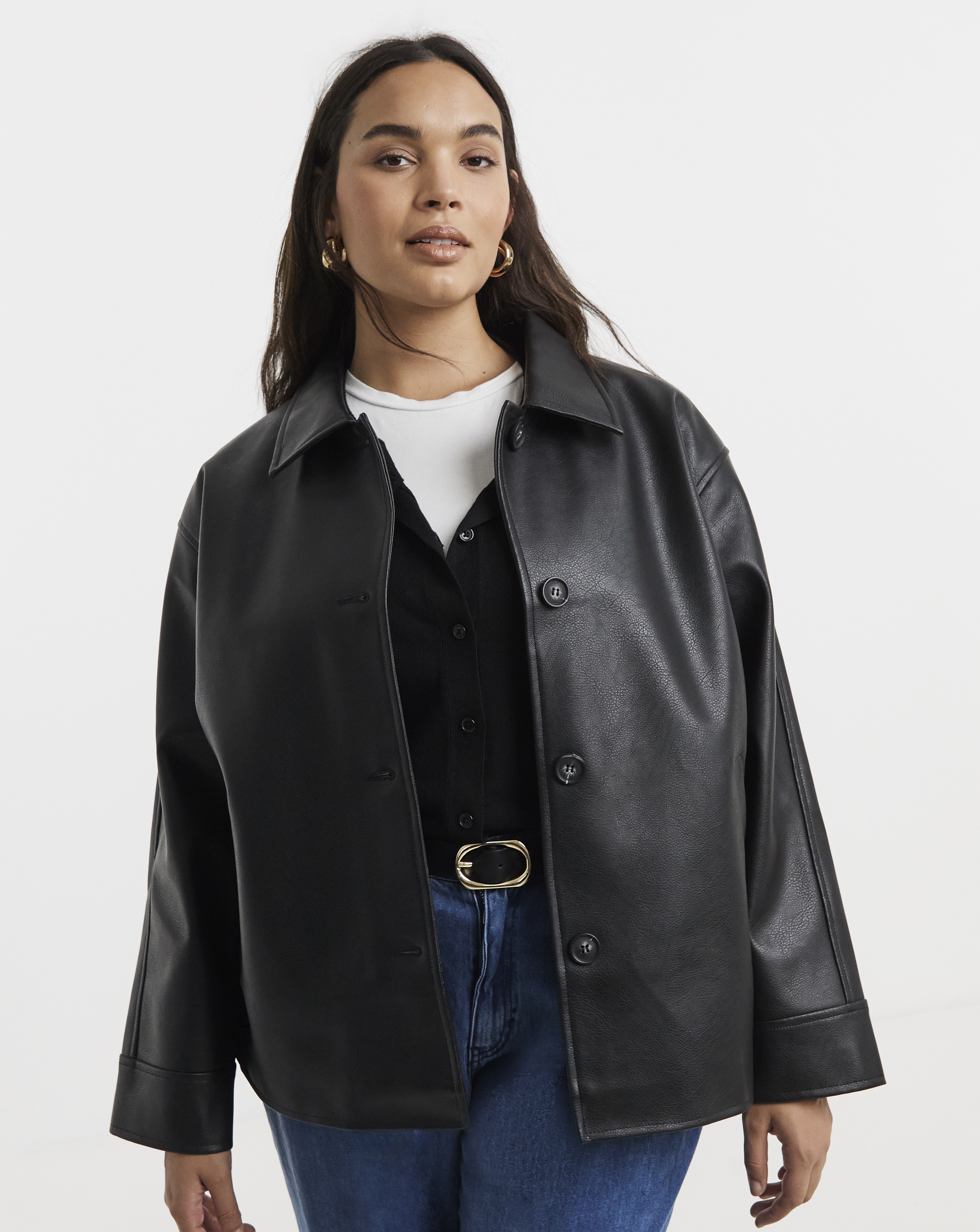Black Faux Leather Front Button Jacket