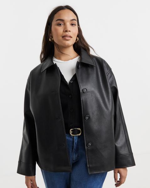 Black Faux Leather Front Button Jacket