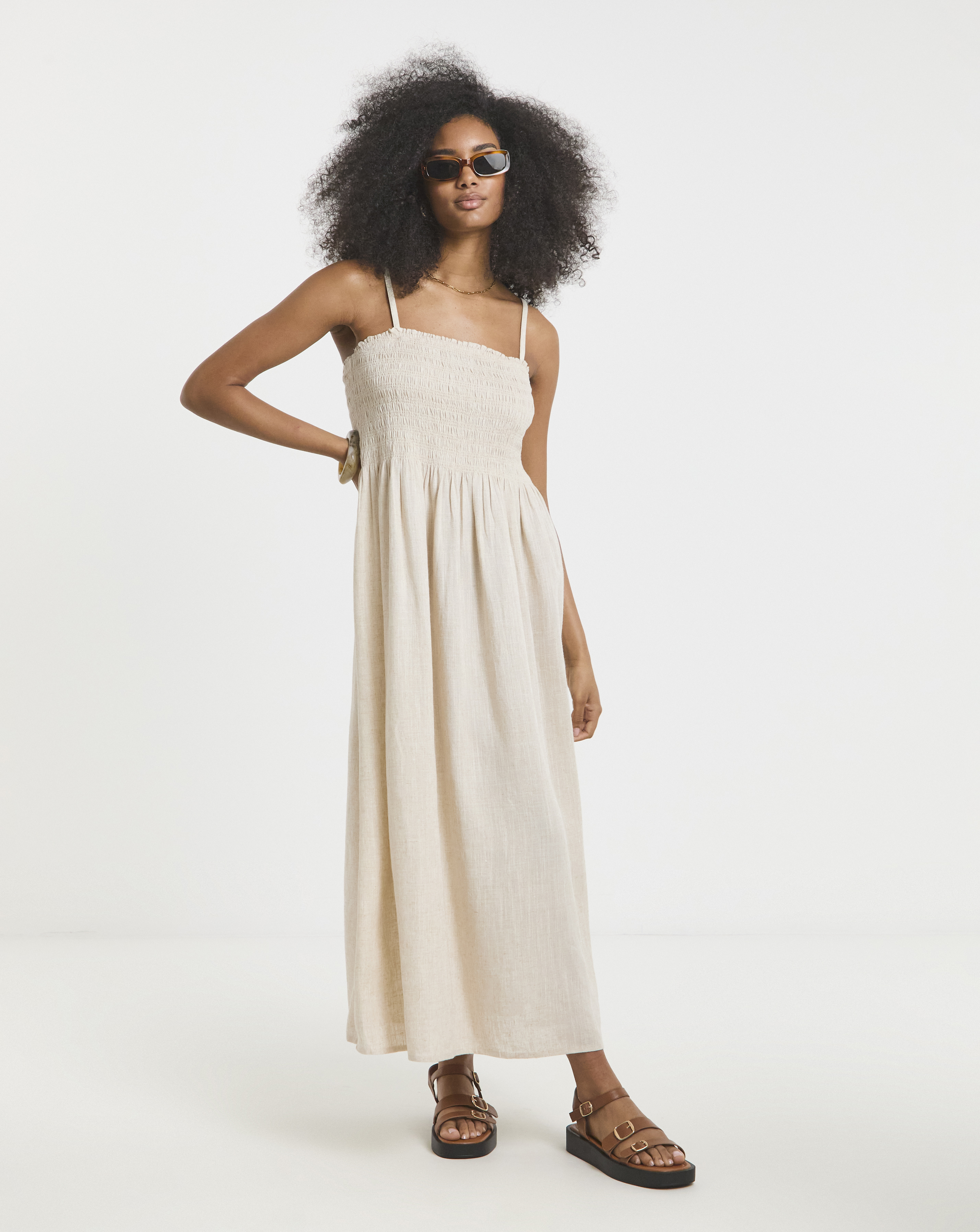 Simply Be - Women's Shirred Bandeau Linen Blend Midi Dress - Size 26 - Stone - 80% EcoVero TM 20% Linen