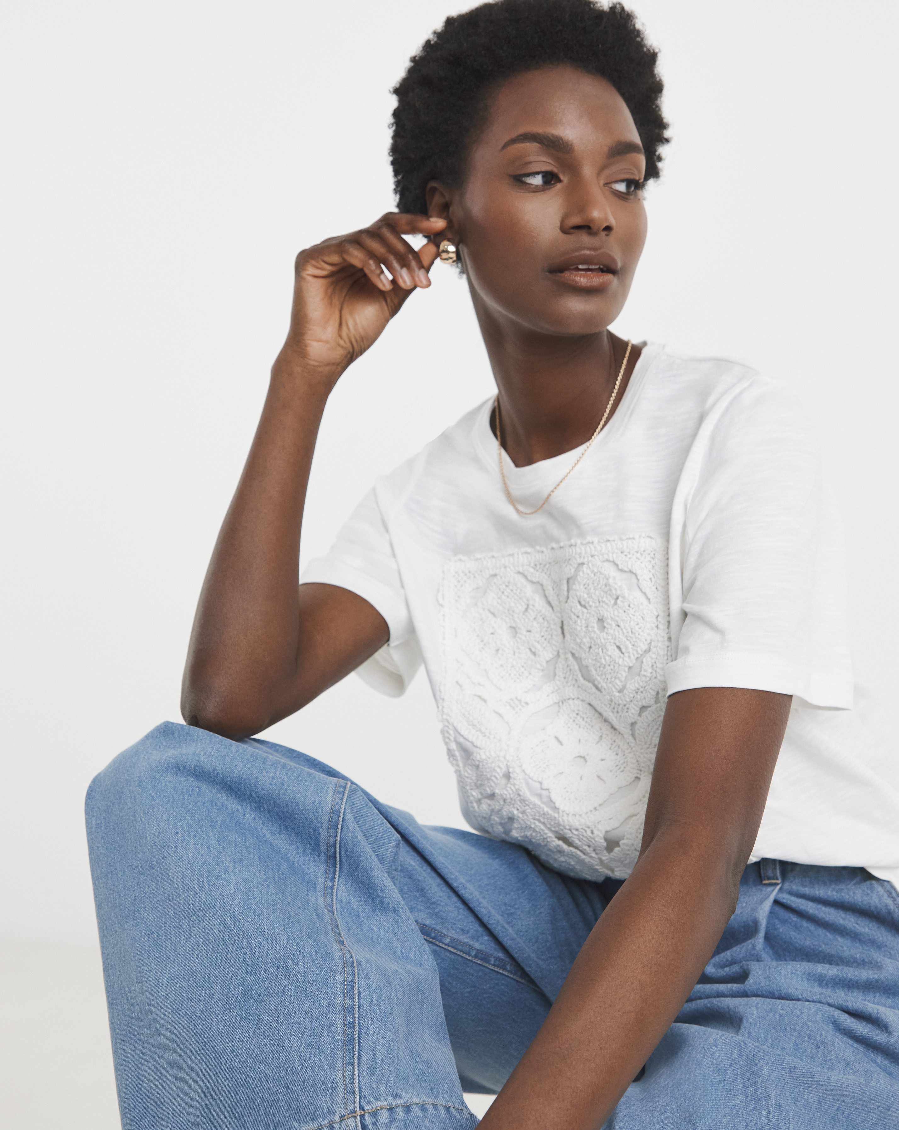 White Crochet Placement T-shirt