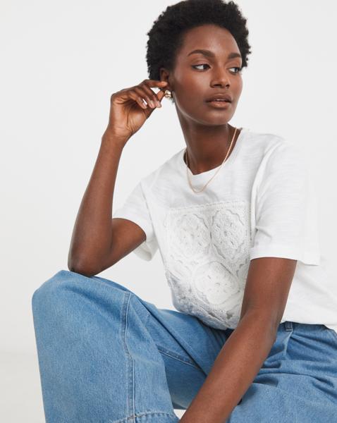 White Crochet Placement T-shirt