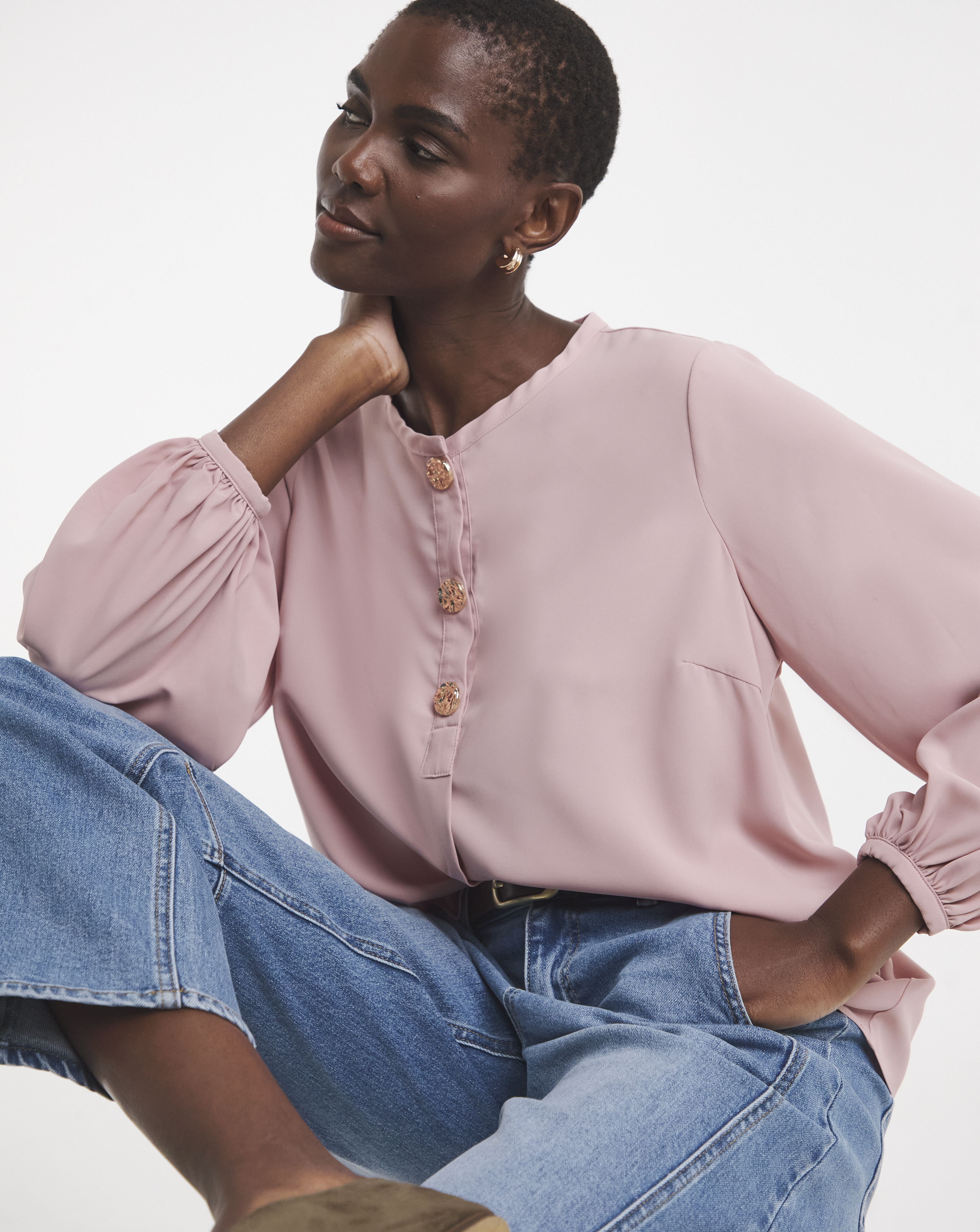 Button Detail Volume Sleeve Blouse