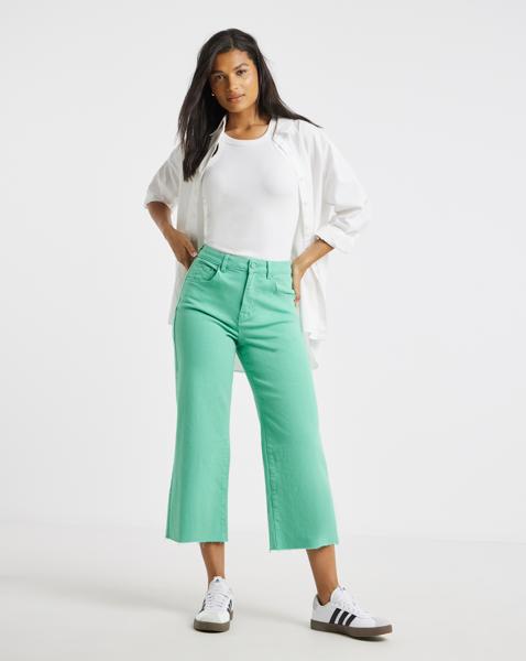 Green Cropped Raw Hem Wide Leg Jean