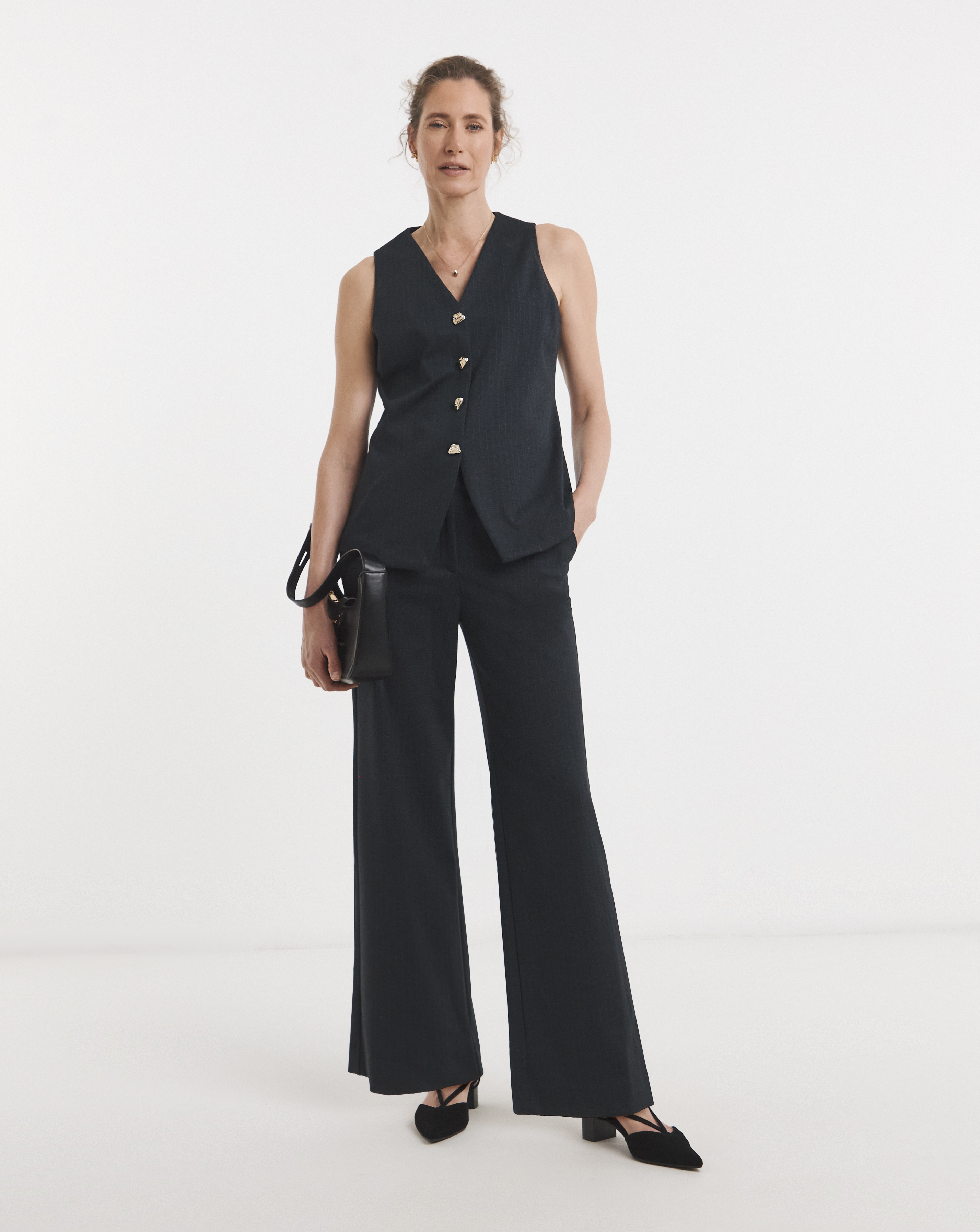Navy Pinstripe Ponte Wide Leg Trouser