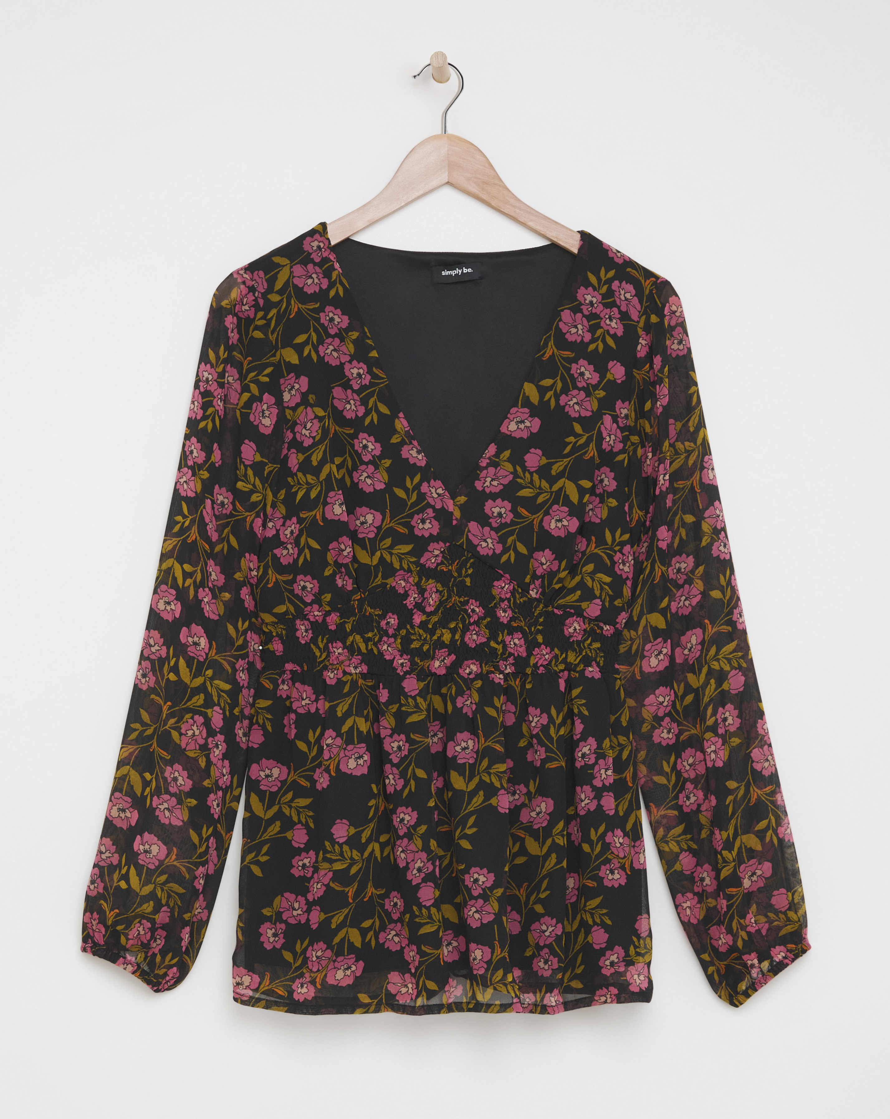 Black Floral Print V Neck Shirred Blouse - Black floral - Size 10 - Women's - Polyester.
