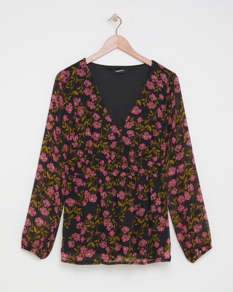 Black Floral Print V Neck Shirred Blouse - Black floral - Size 10 - Women's - Polyester.