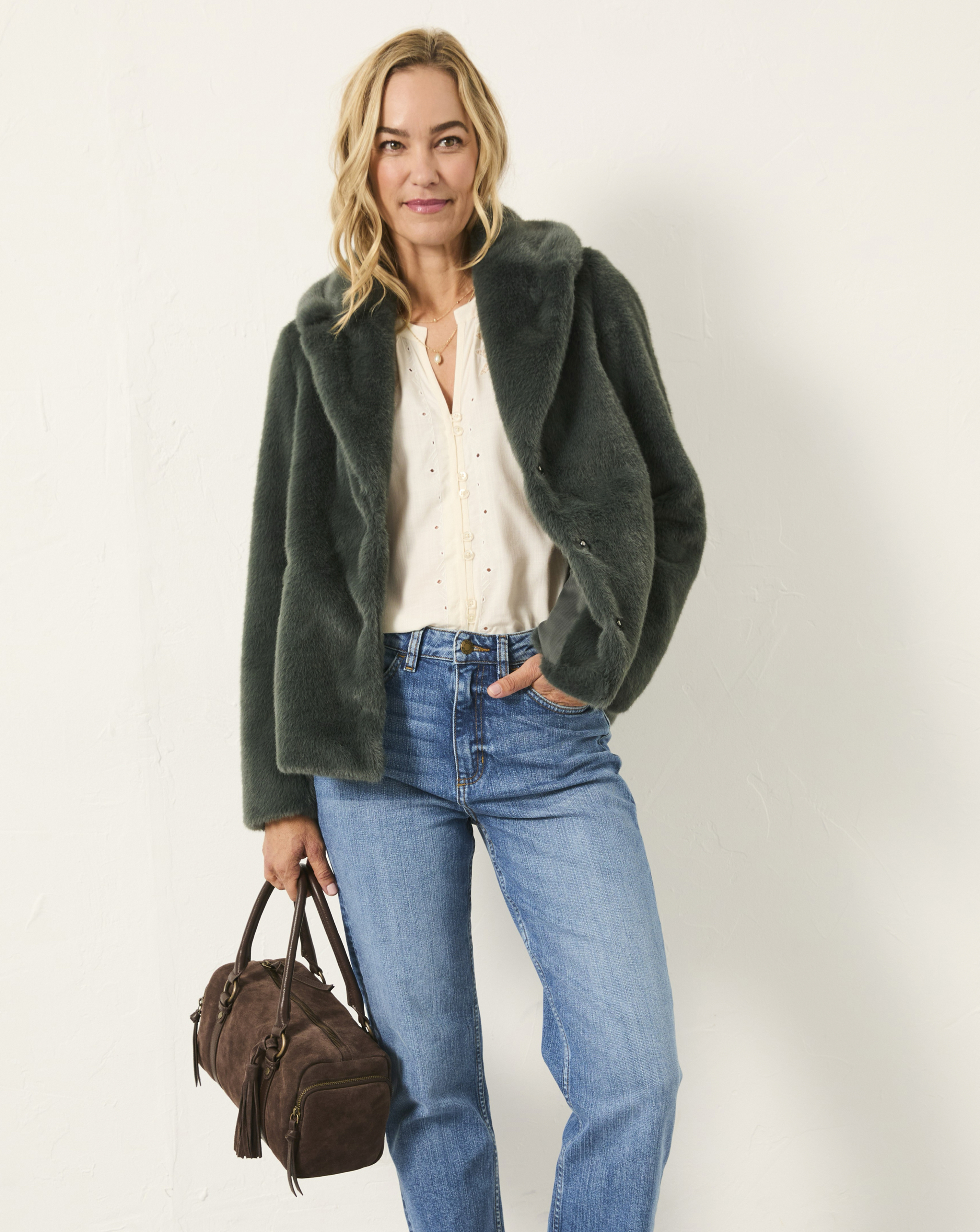 Fatface Teal Short Fur Coat - Size 24