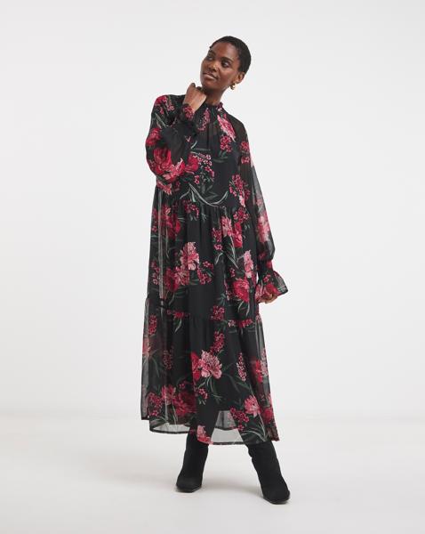 Shirred High Neck Tiered Maxi Dress