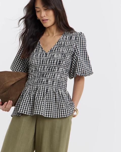 Shirred Gingham Blouse