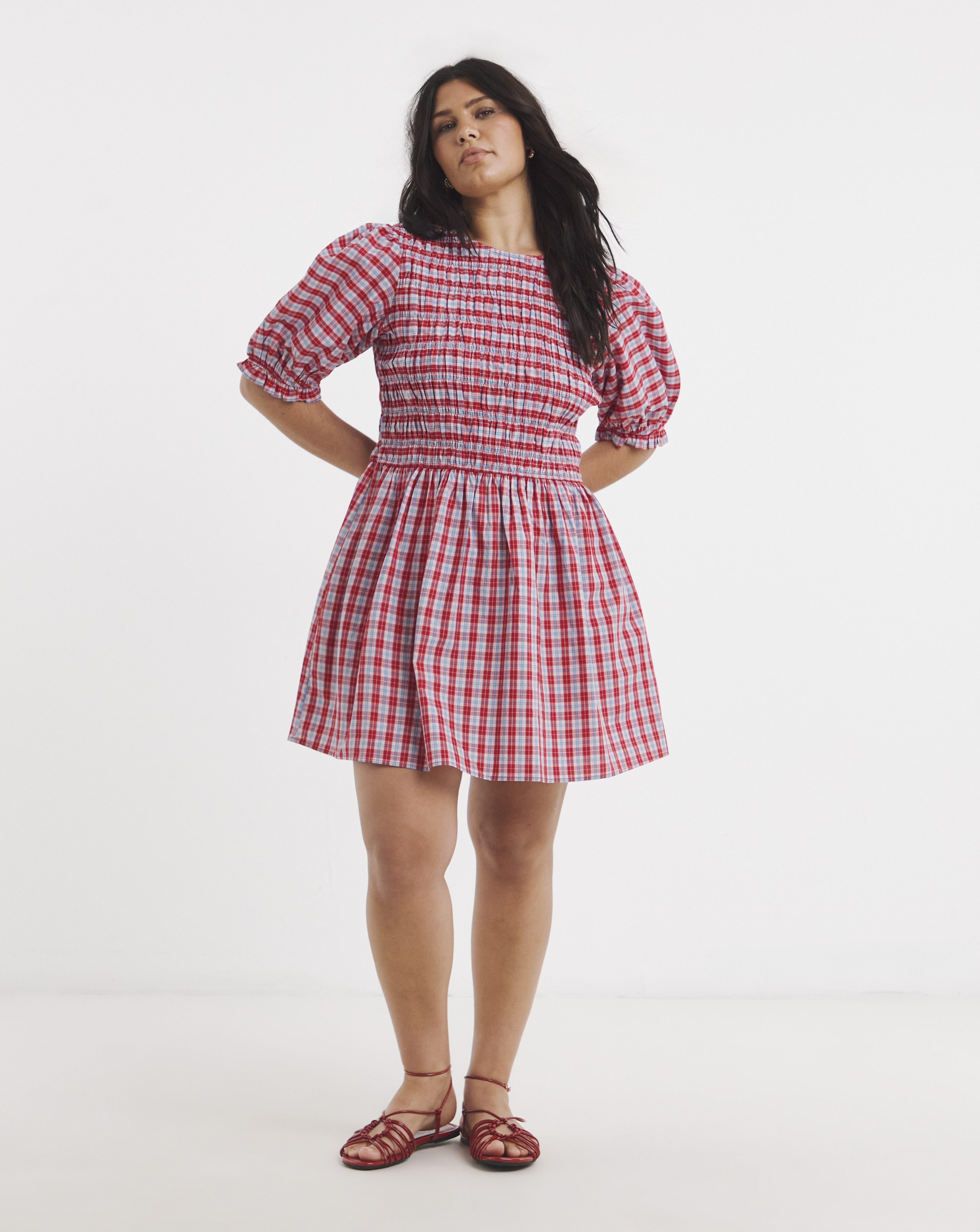 Shirred Check Smock Dress - Red Check