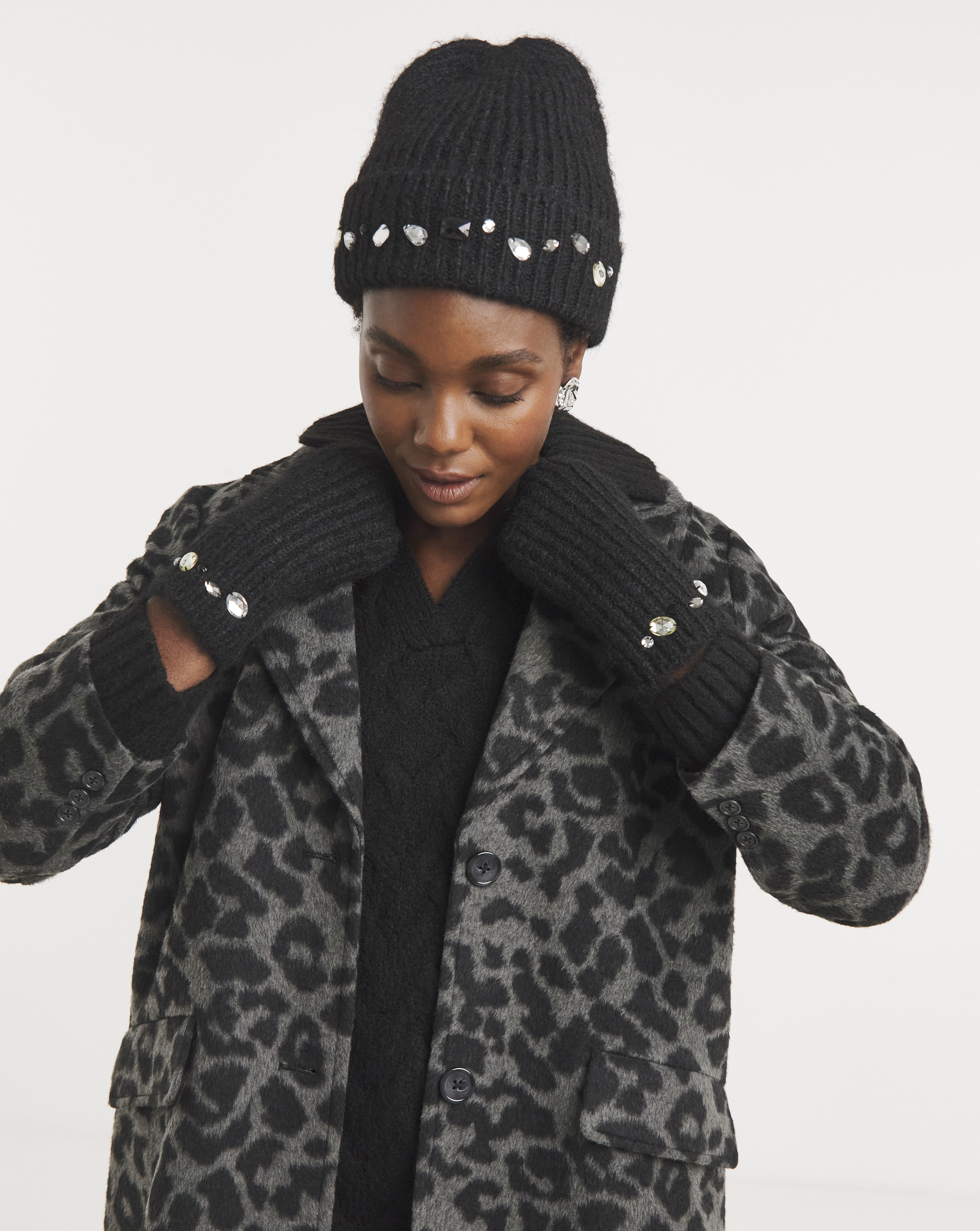 Jewel Embellished Hat & Handwarmer Set
