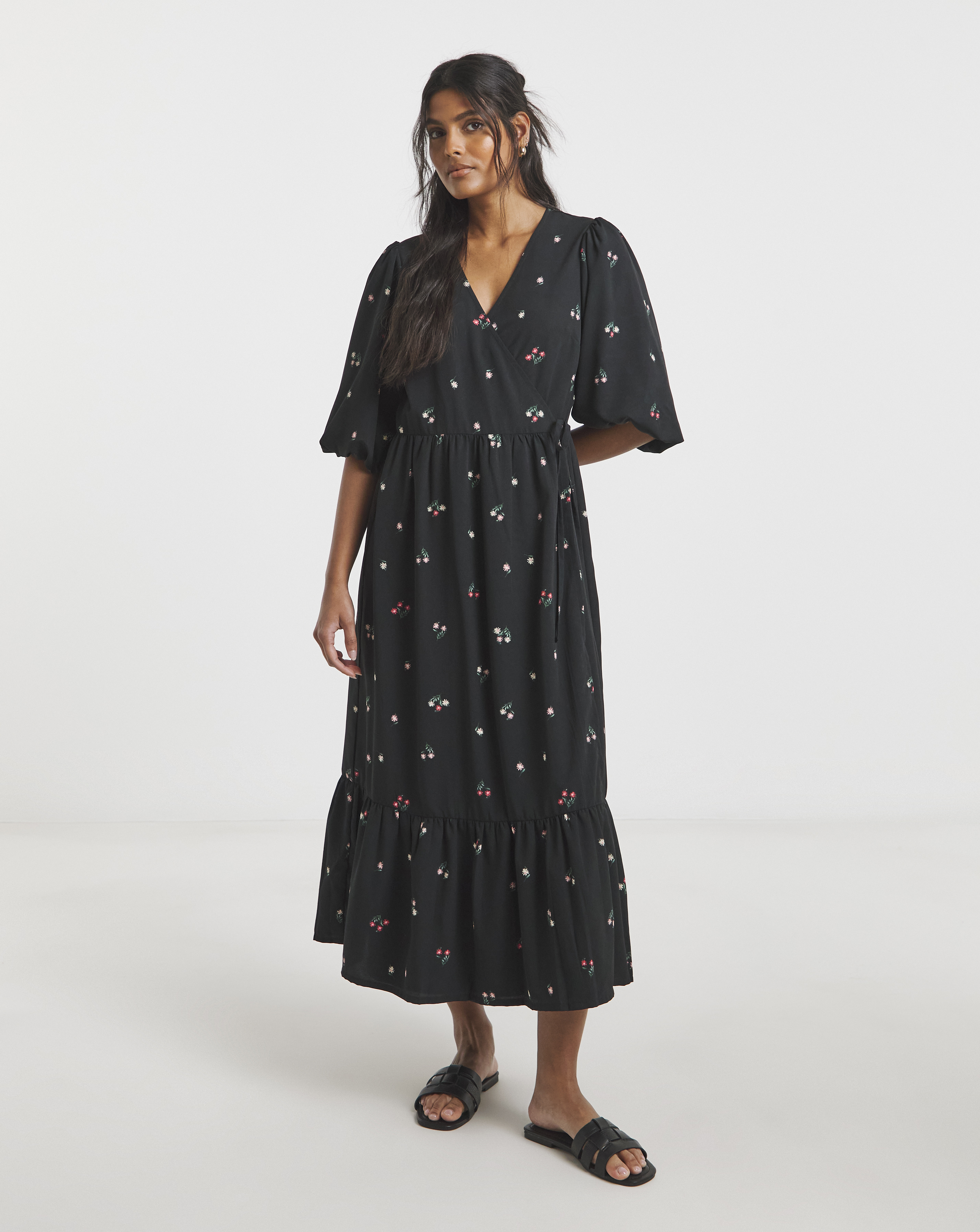 Simply Be - Women's Ditsy Print Midi Wrap Dress - Size 10 - Black print - 100% Recycled Polyester