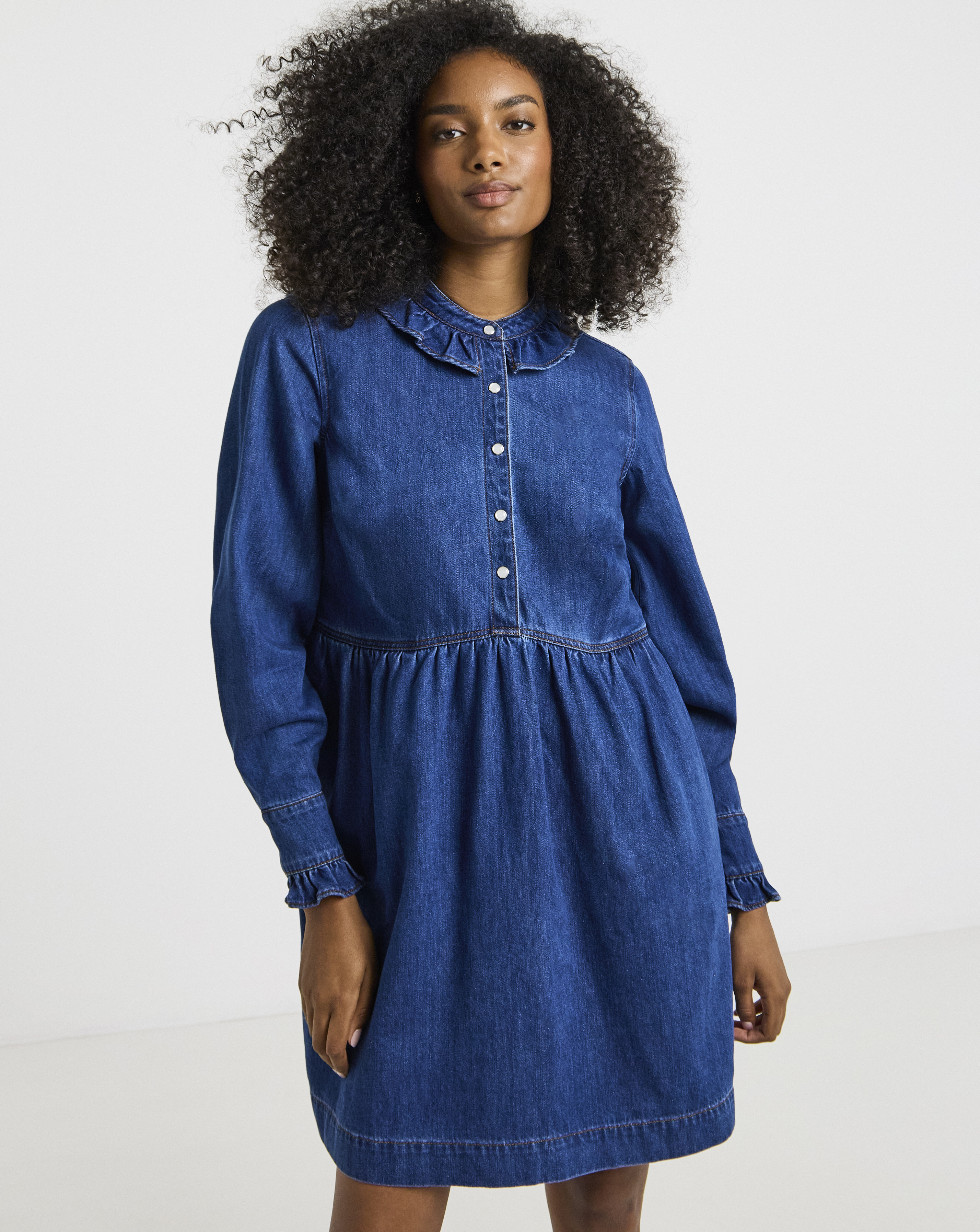 Mid Wash Frill Collar Denim Mini Dress